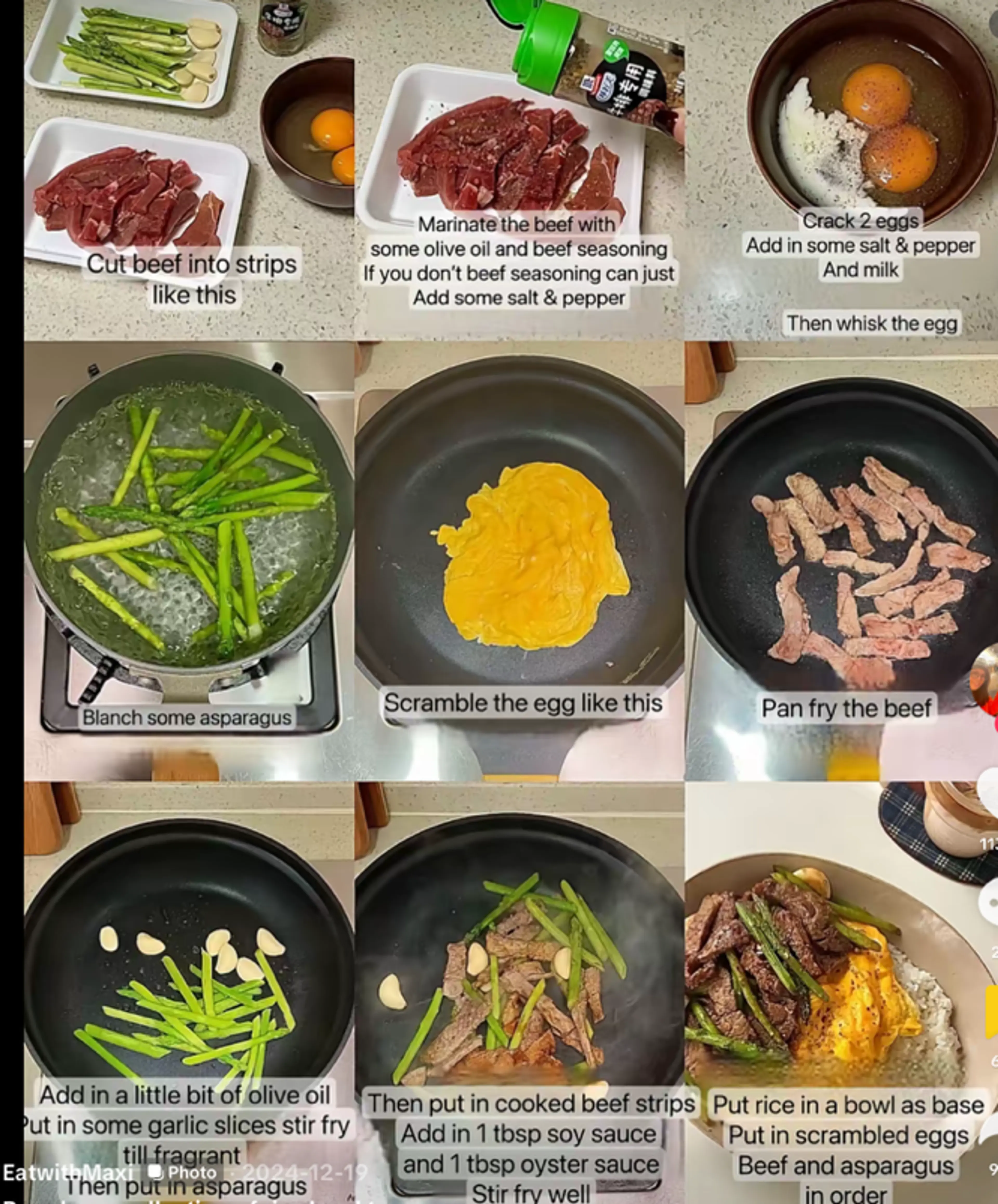 Asparagus beef scrambled egg rice bowl