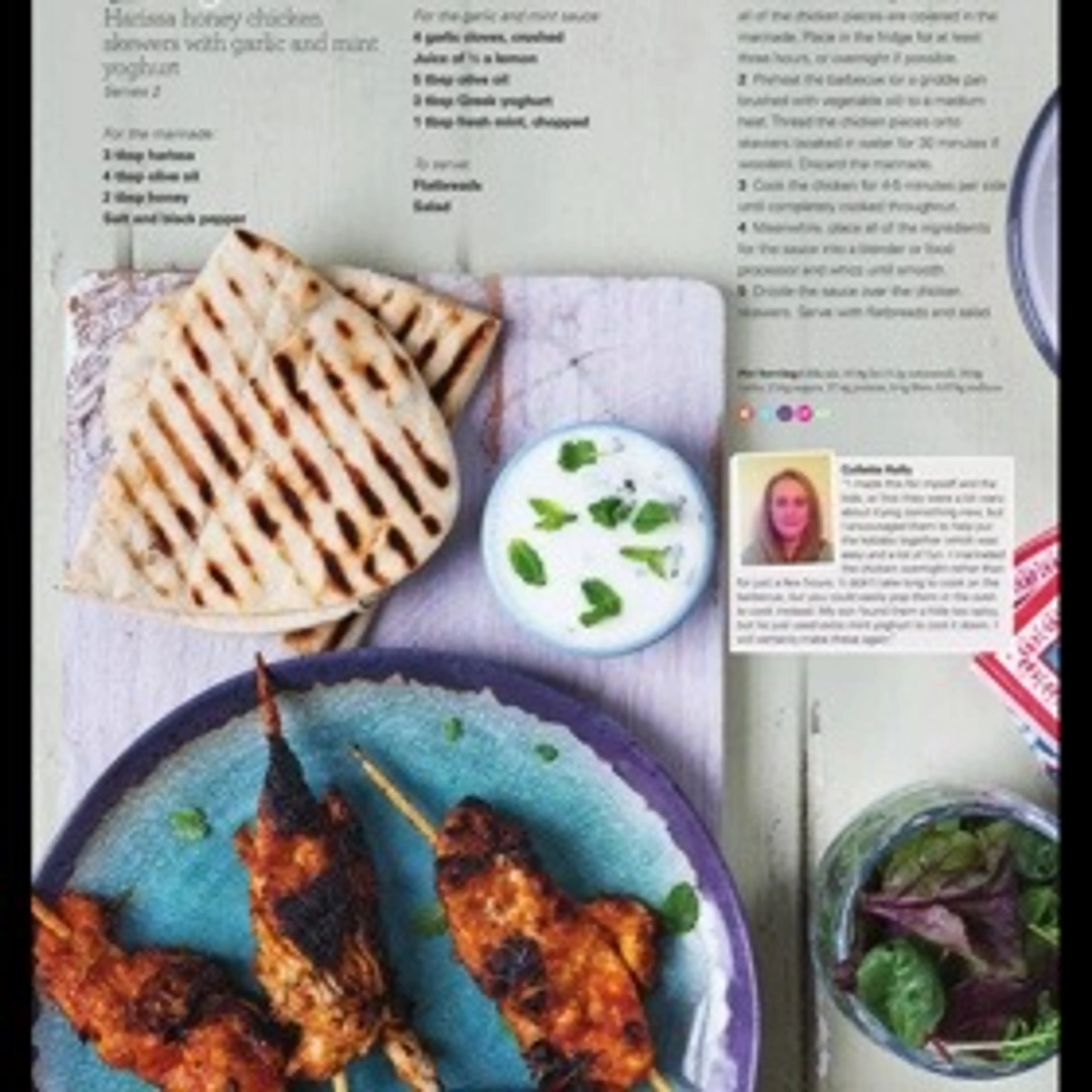 Harissa honey chicken skewers with garlic and mint yoghurt