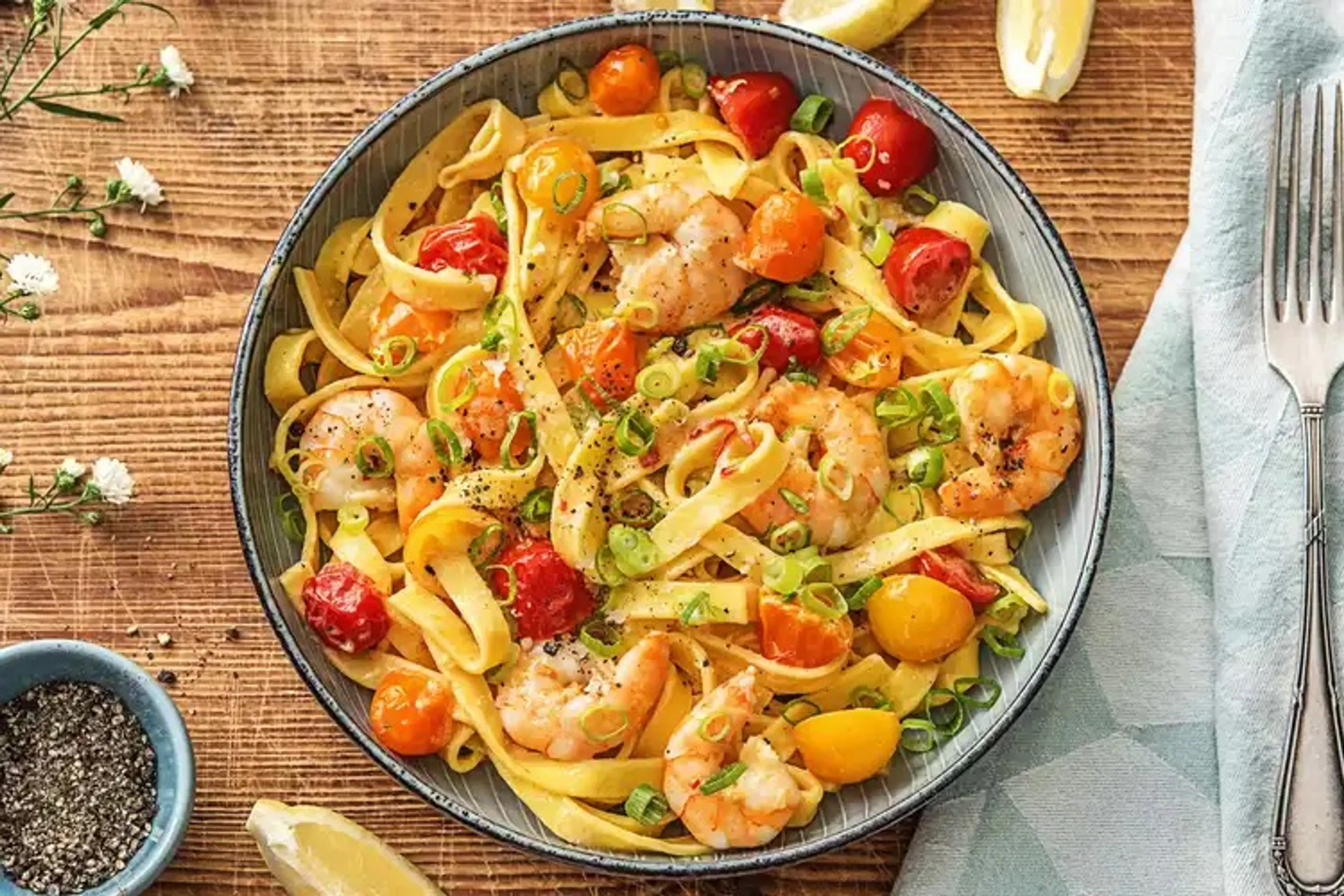Creamy Shrimp Tagliatelle with Heirloom Tomatoes, Garlic, an