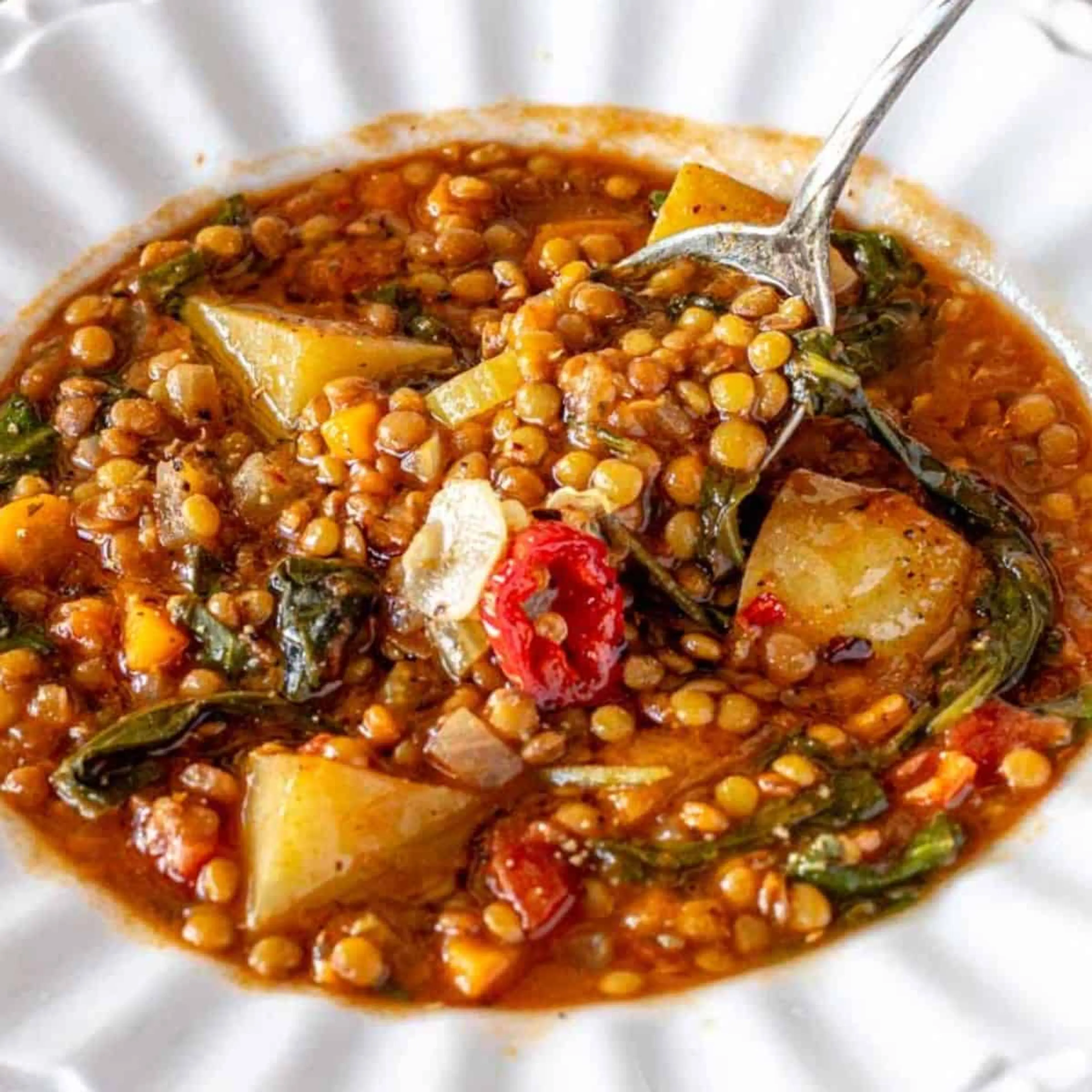 Mediterranean Lentil Soup with Potatoes and Spinach