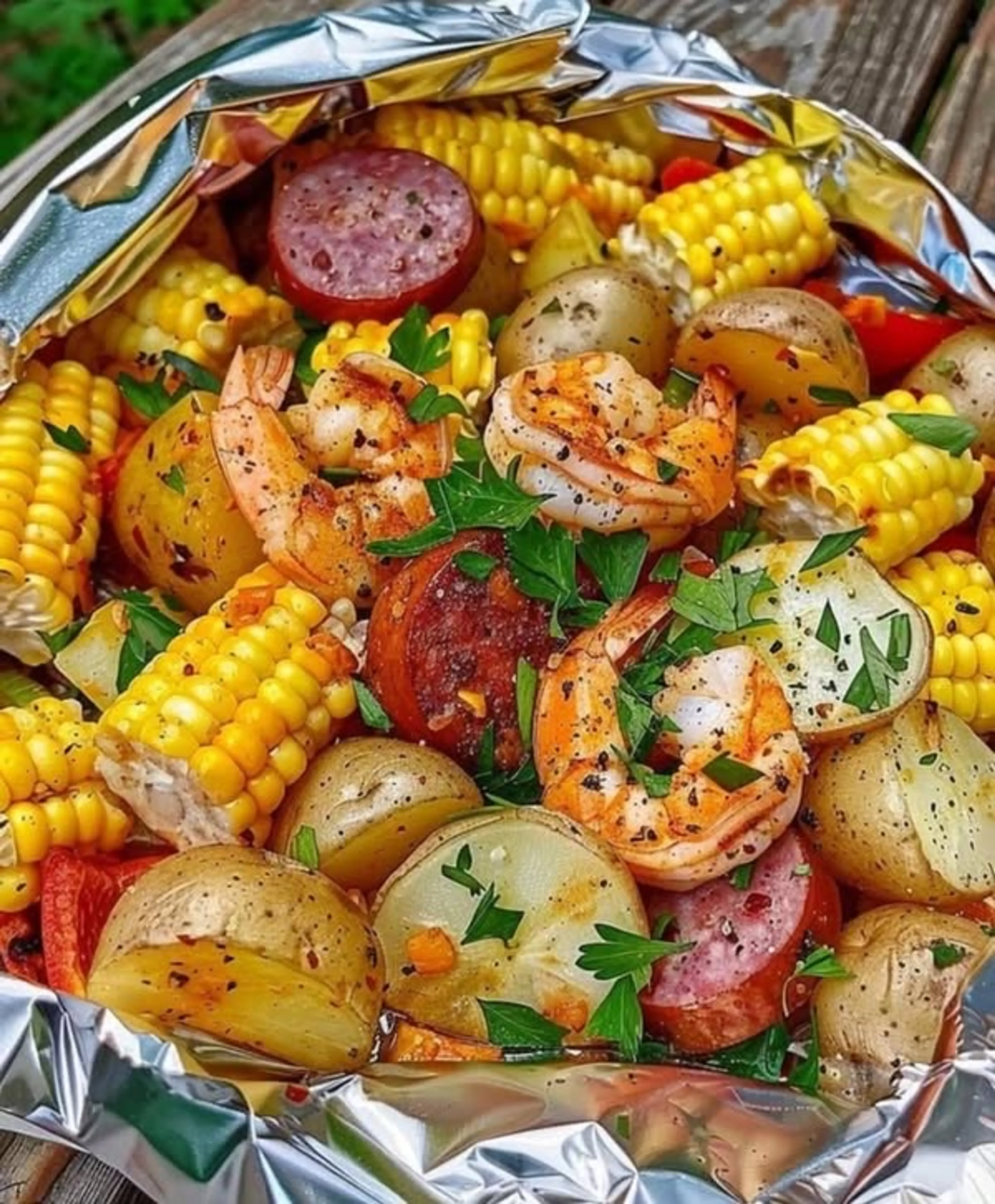 Shrimp, Corn, Potatoes, and Smoked Sausage Foil Pack