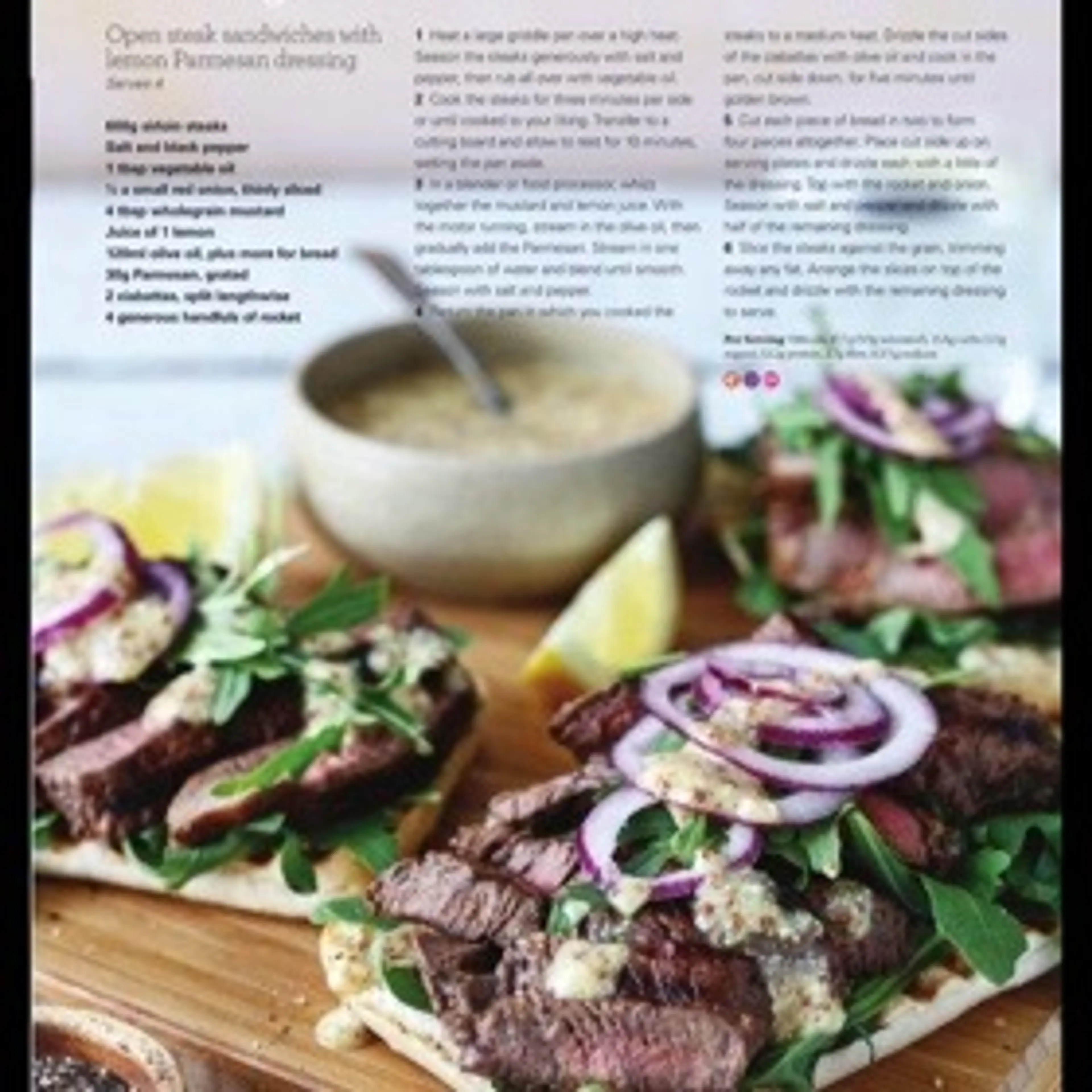 Open steak sandwiches with lemon Parmesan dressing