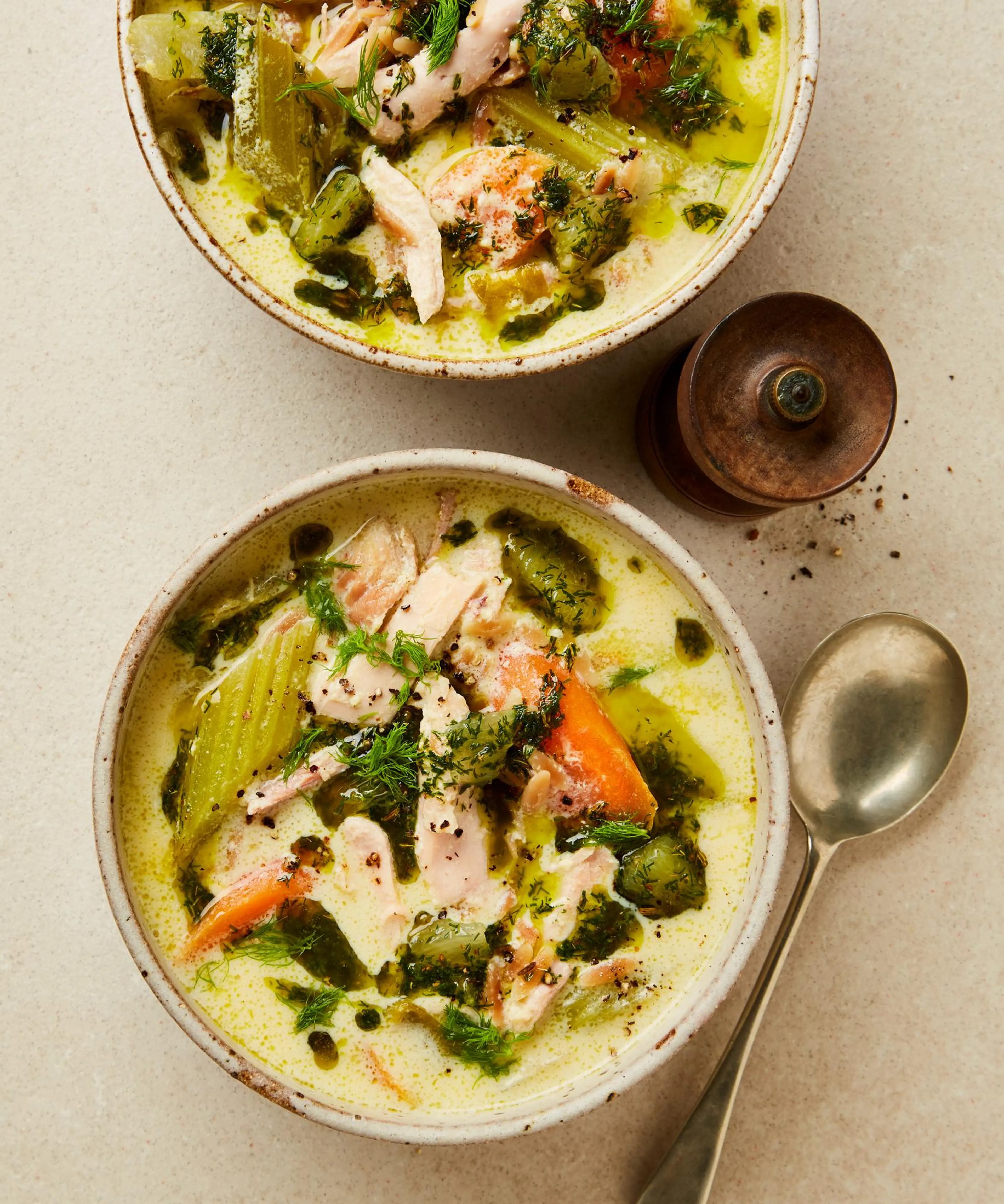 Avgolemono soup with fennel and dill oil