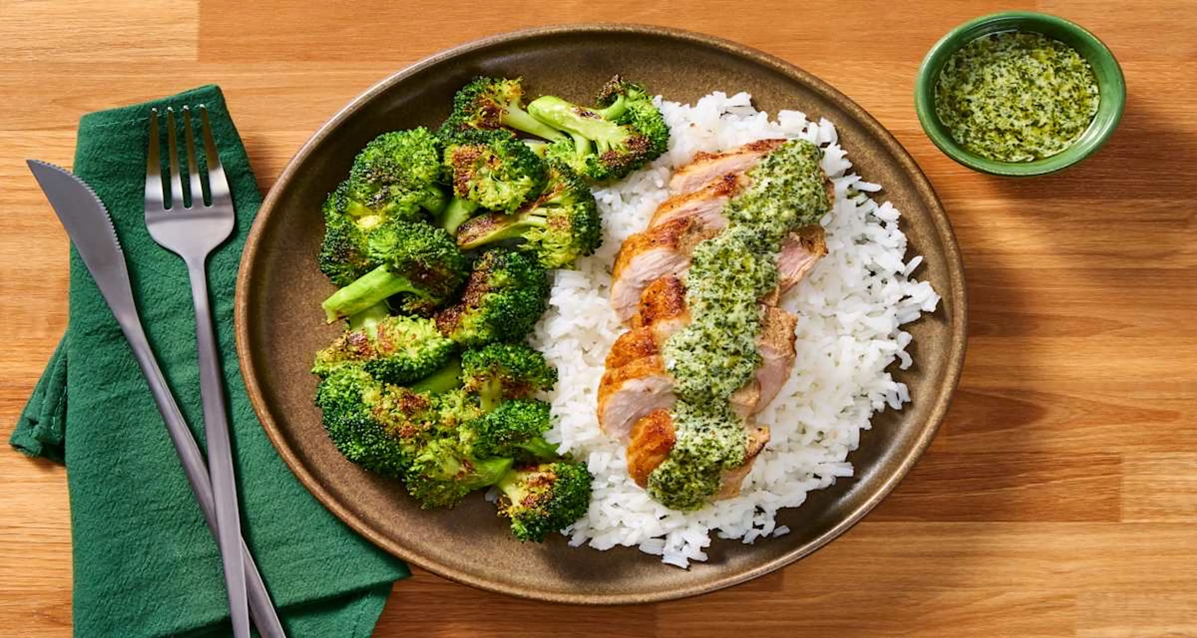 Creamy Chimichurri Pork Filet with Rice & Garlicky Roasted B