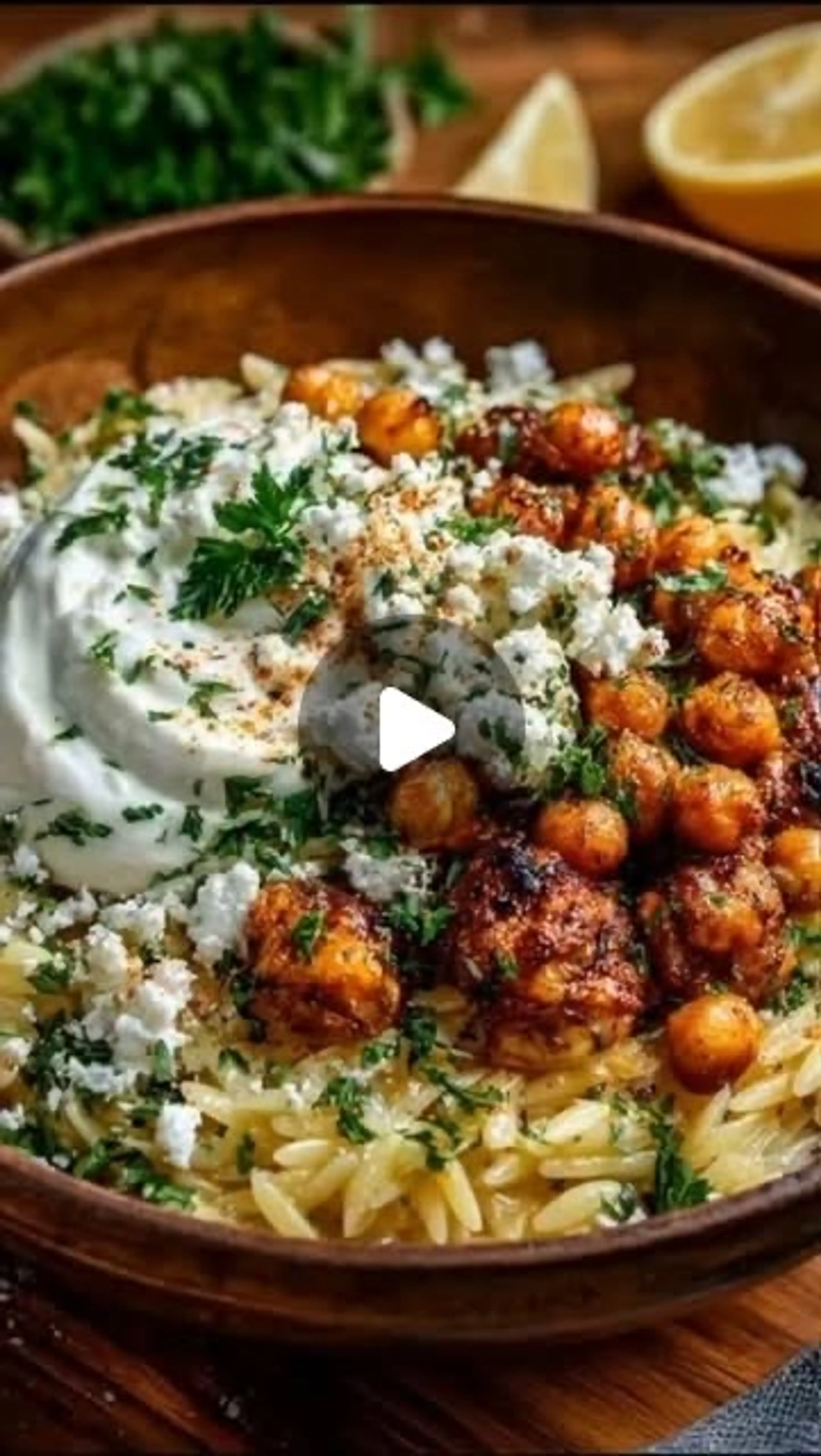 Lemon Dijon Chicken Orzo with Crispy Chickpeas and Whipped F