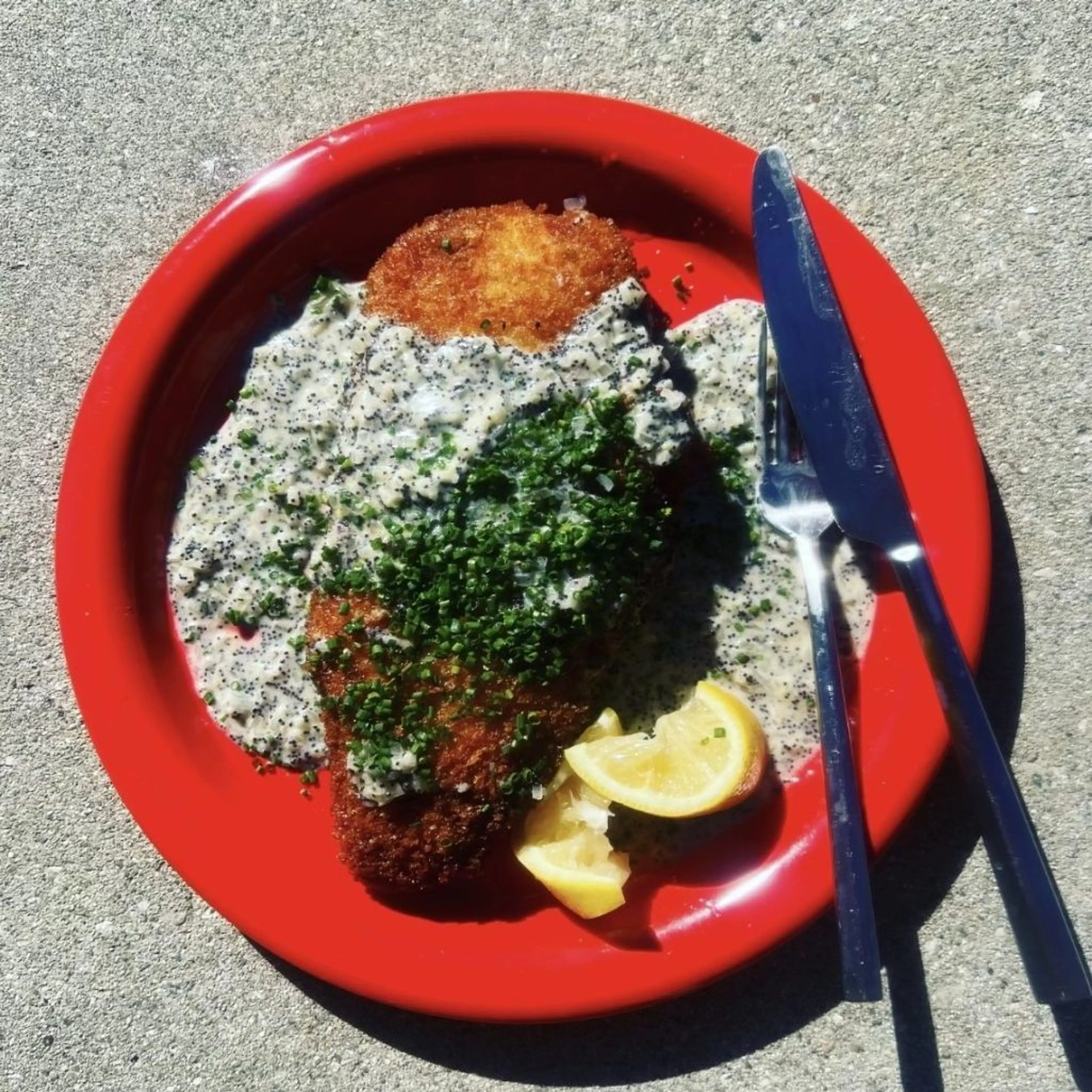 Crispy Chicken Cutlets with Lemon Poppy Creme Fraiche