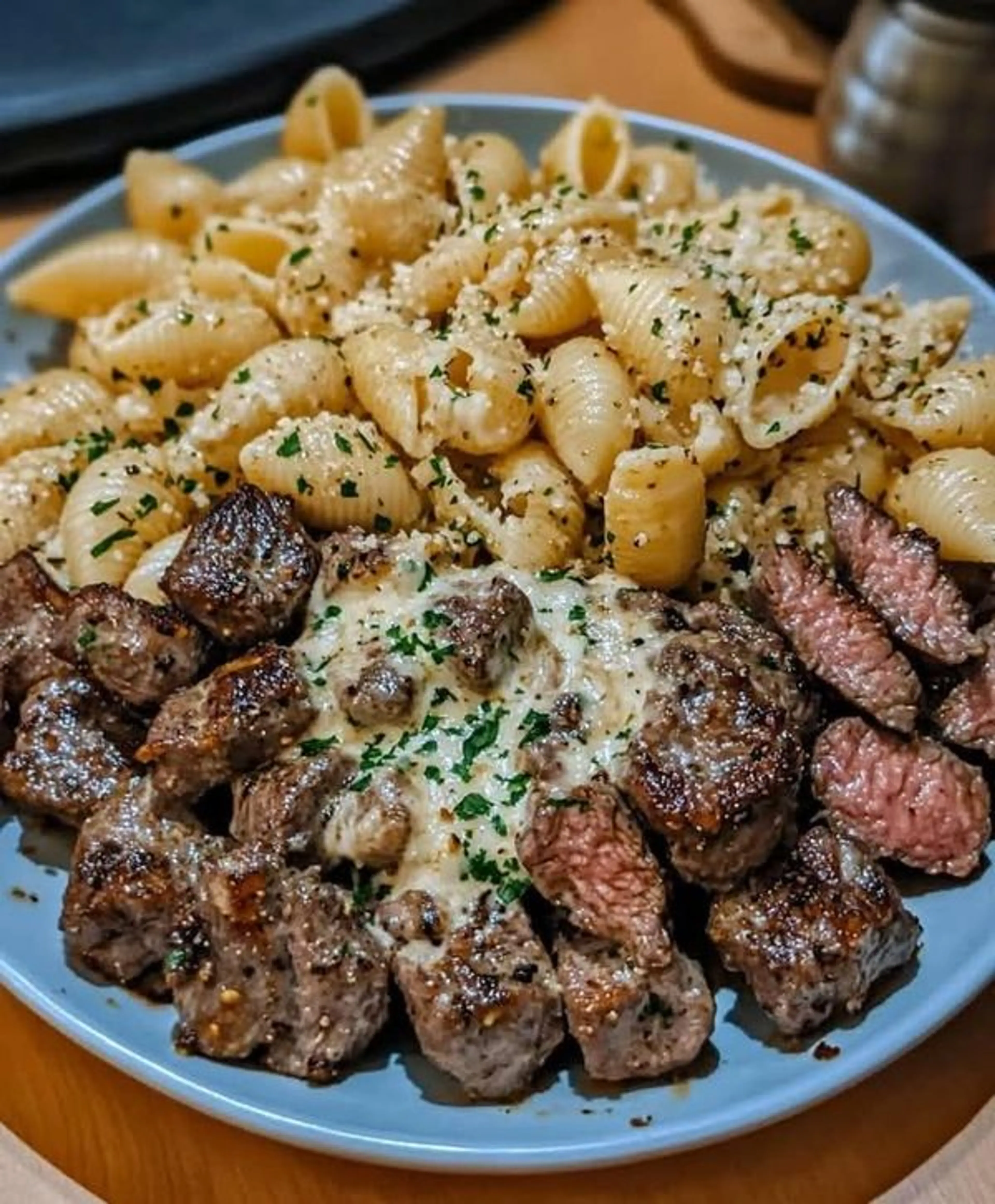 Garlic Butter Steak Bites & Creamy Parmesan Shells