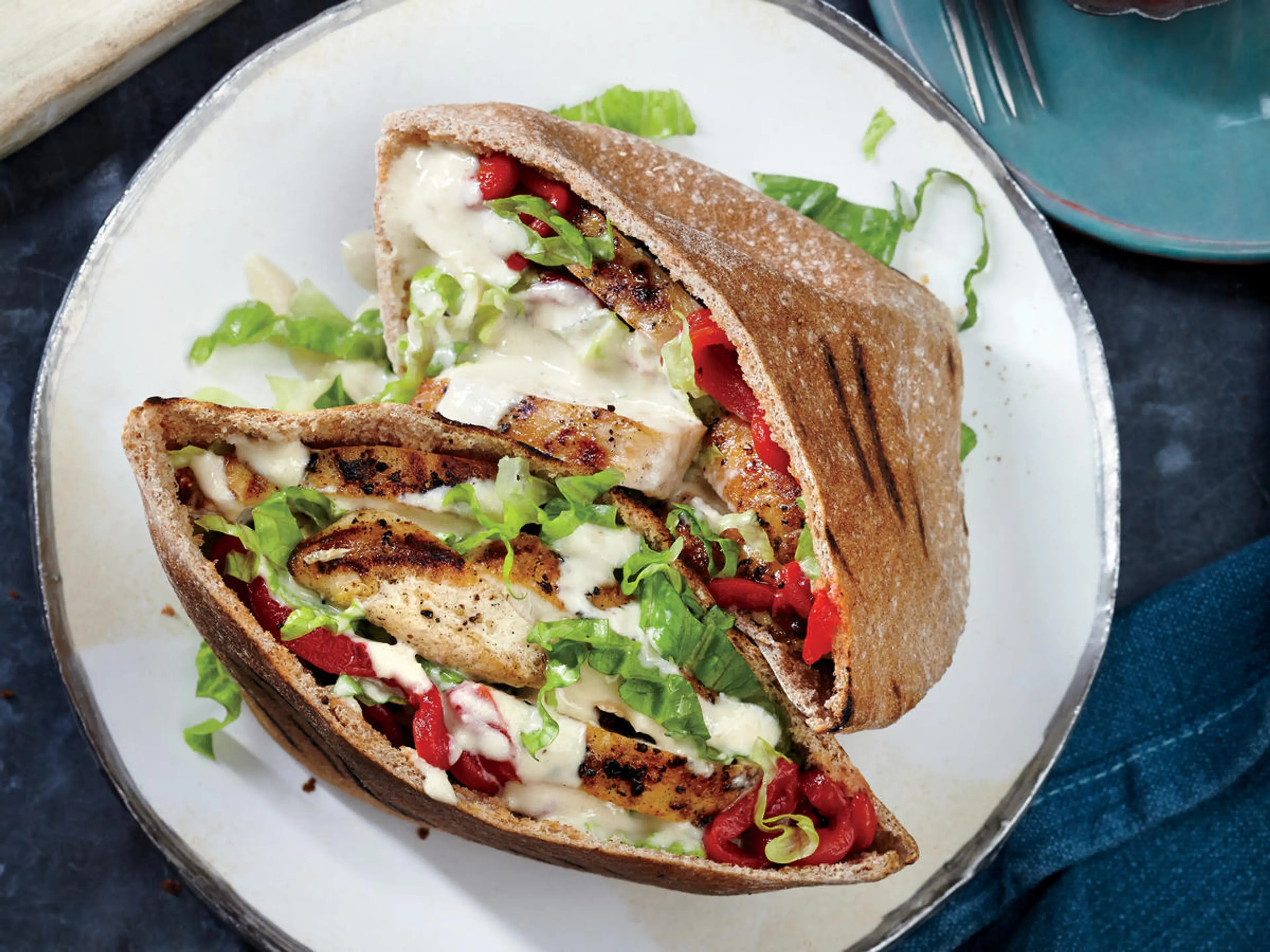 Grilled Chicken Pitas with Sesame Drizzle