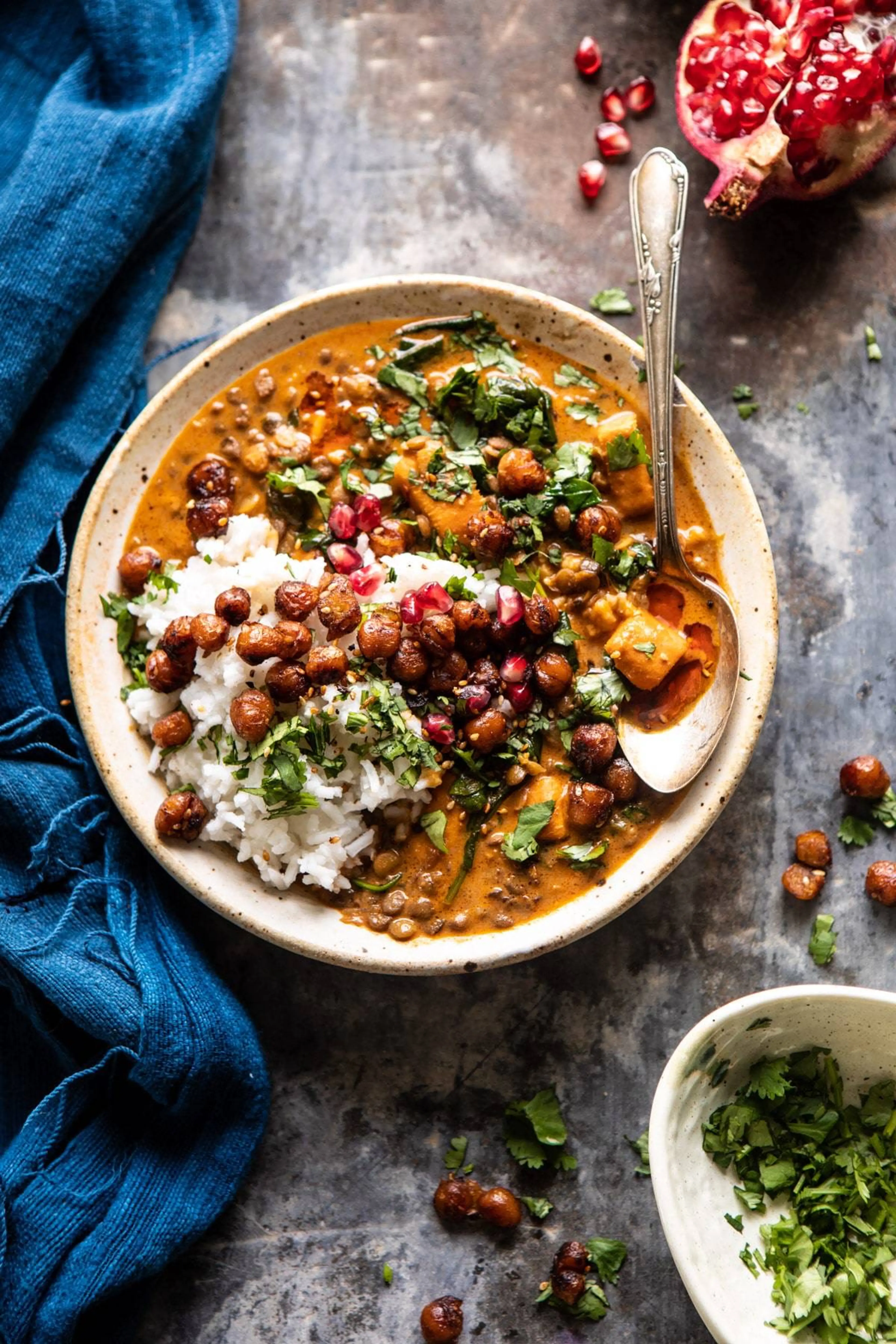 Sweet Potato Lentil Curry with Crispy Sesame Chickpeas.
