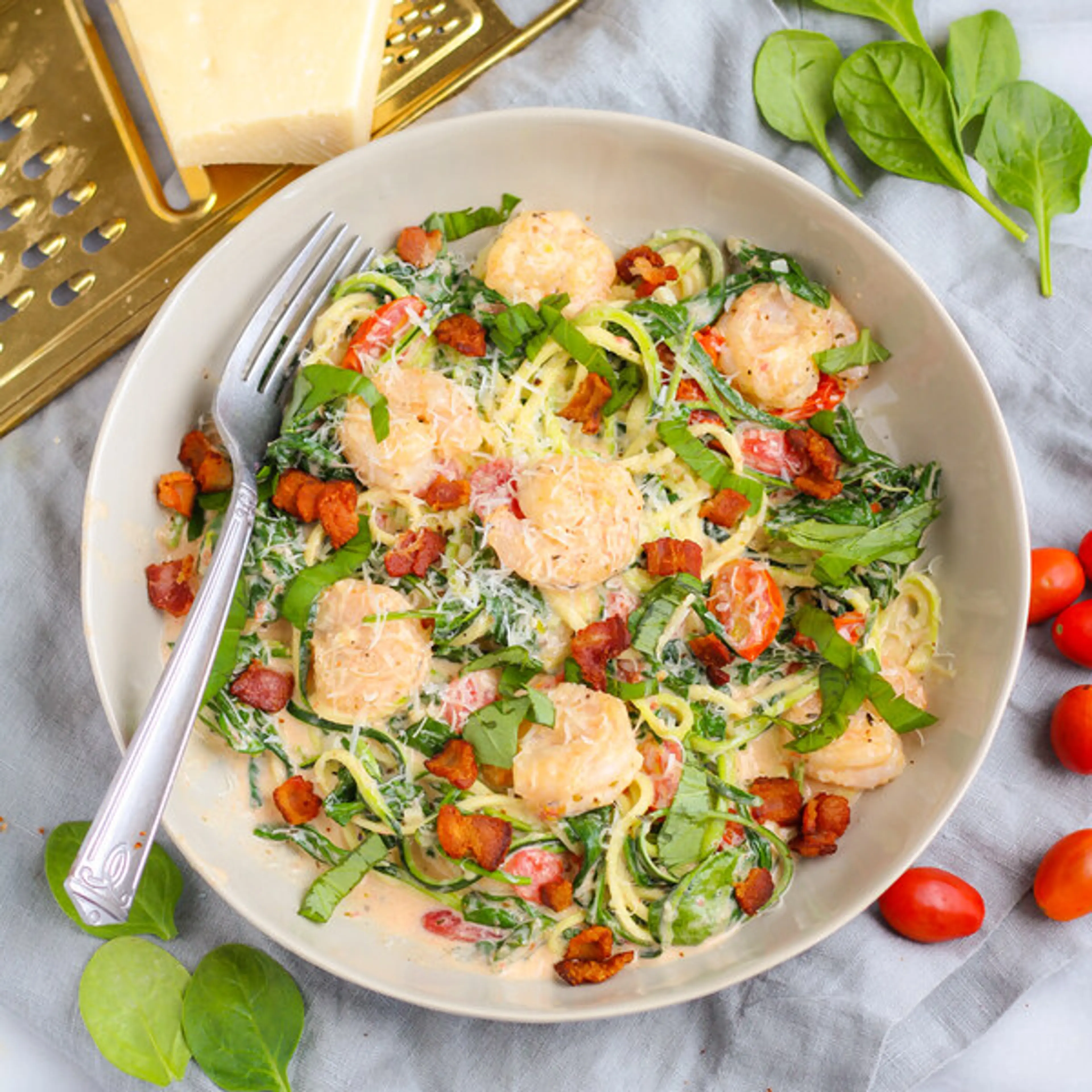 Creamy Tuscan Shrimp with Bacon, Tomatoes, Spinach & Zucchin