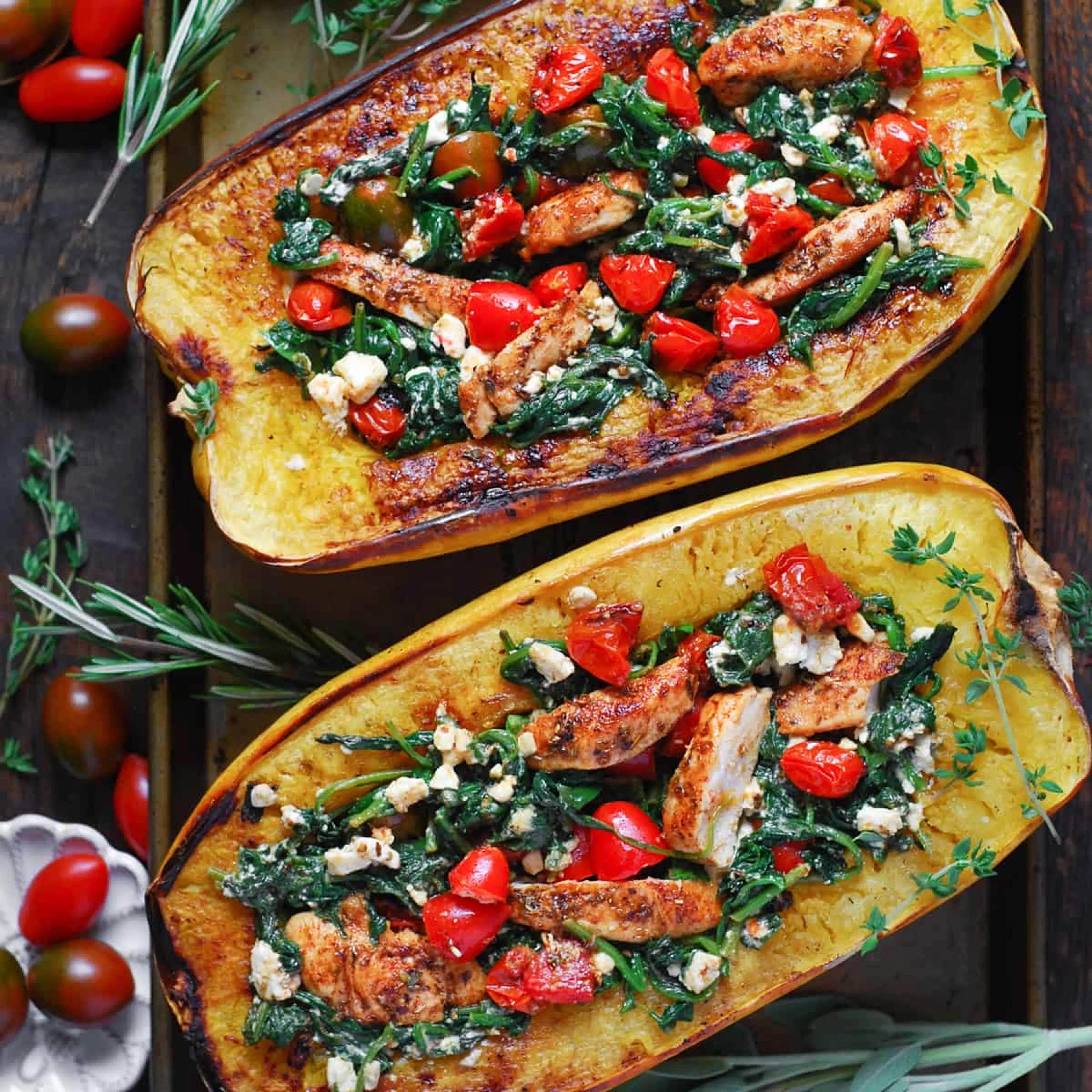 Spaghetti Squash with Chicken, Tomatoes, Spinach, and Feta C