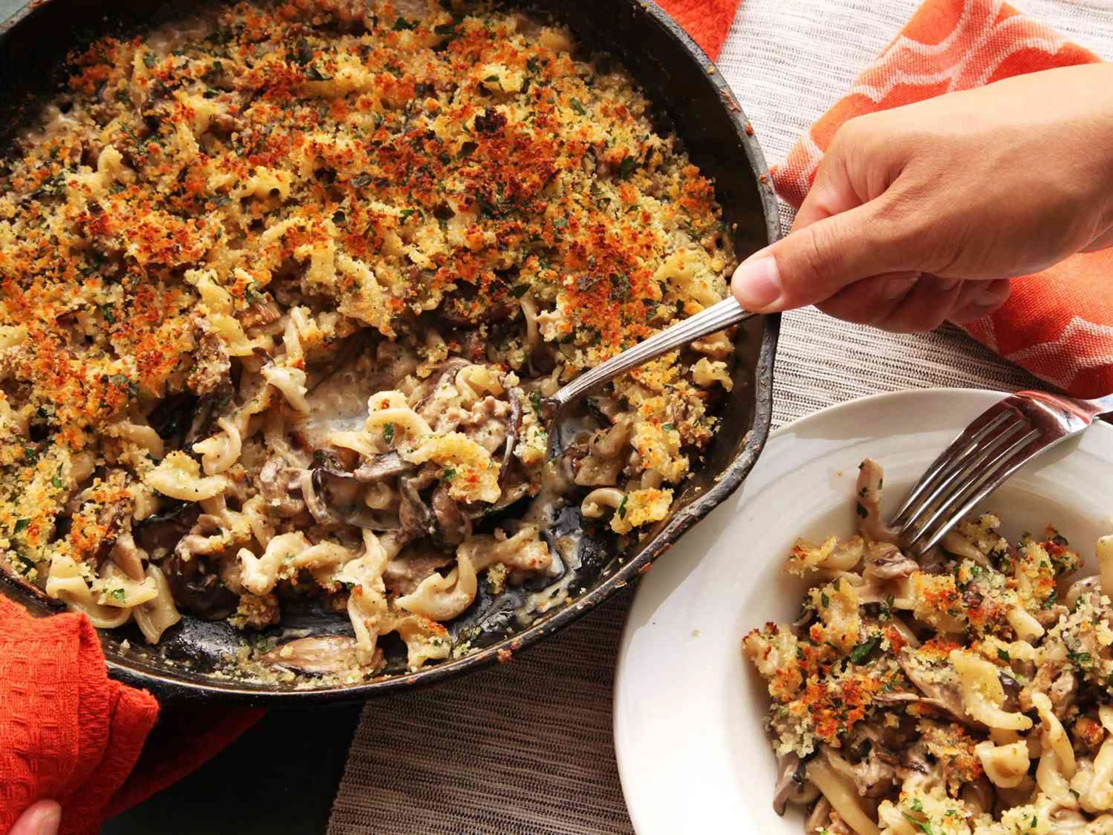 Crispy Baked Pasta With Mushrooms, Sausage, and Parmesan Cre