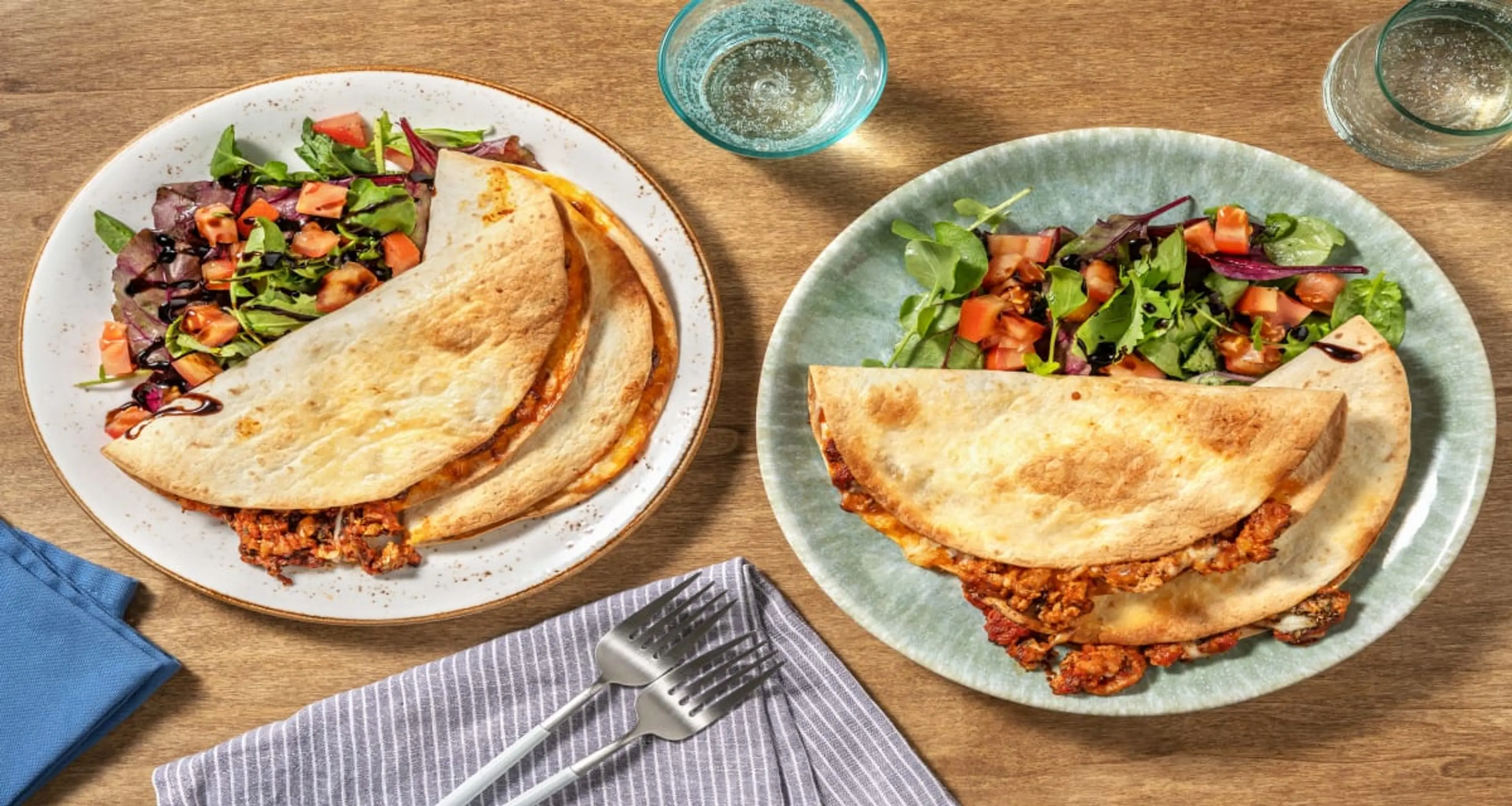 Pork Bolognese and Cheese Quesadillas with Balsamic Glazed B