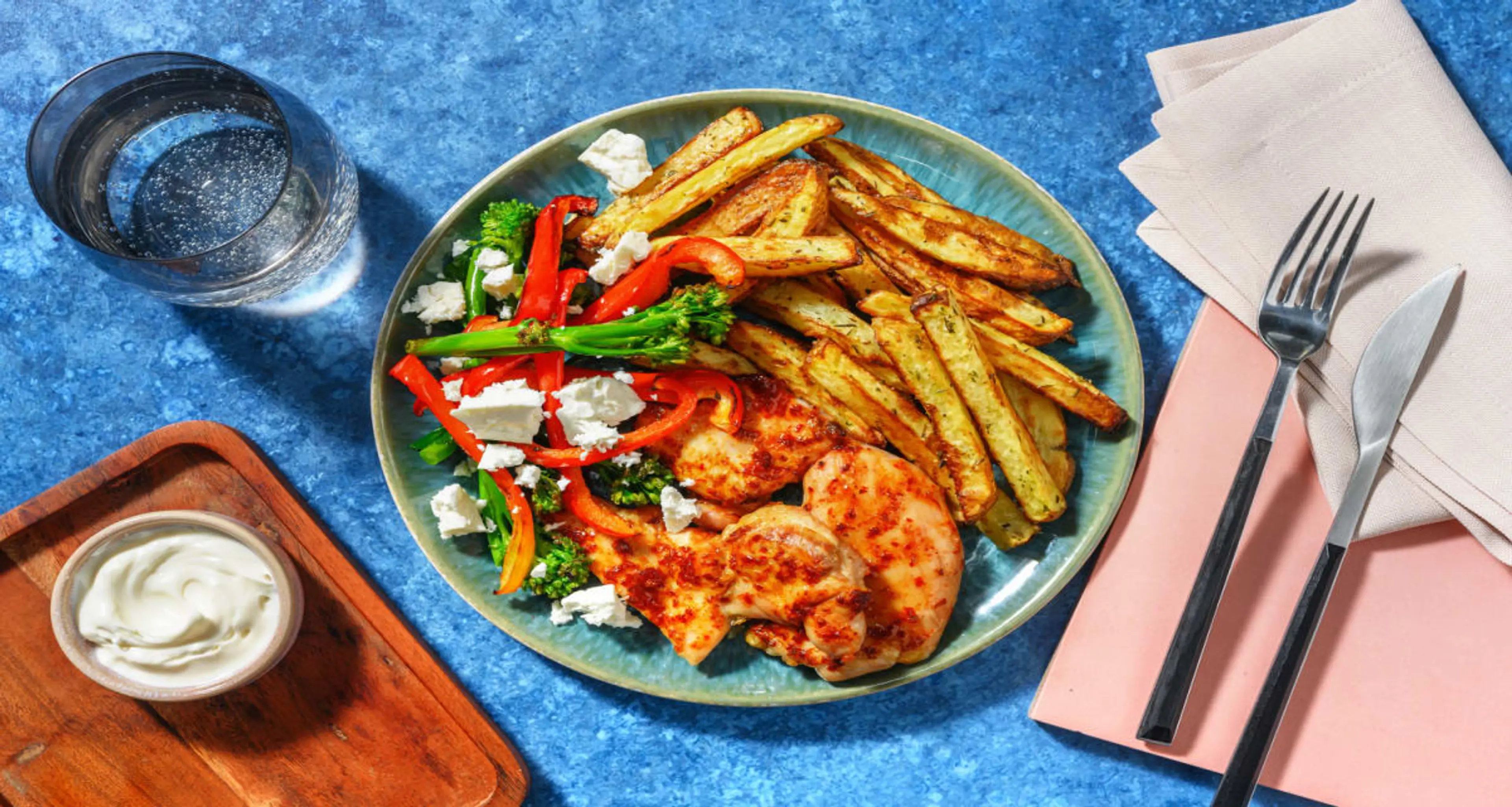 Honey Harissa Chicken Traybake with Herby Chips and Greek Sa