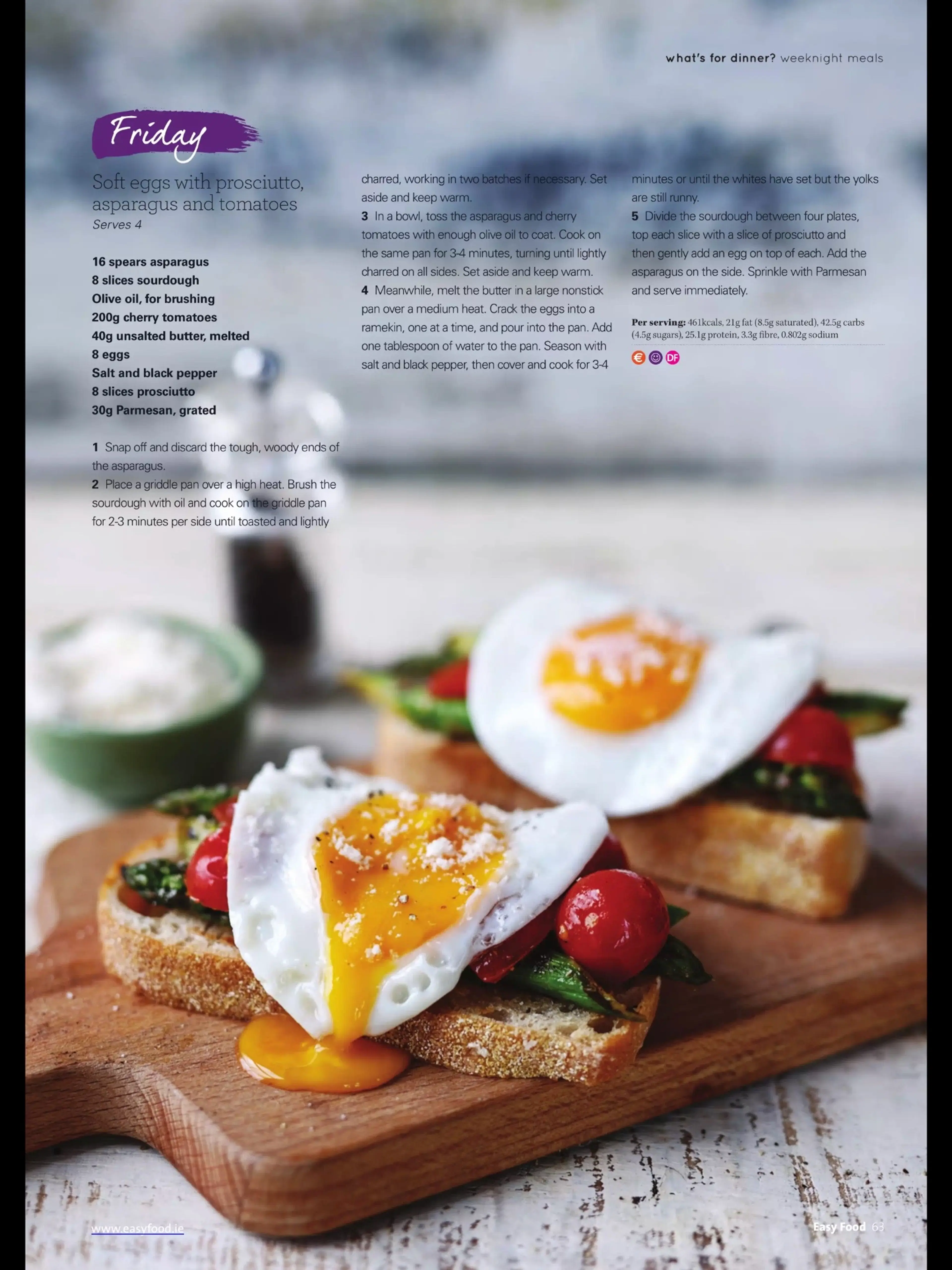 Soft eggs with-prosciutto, asparagus and tomatoes