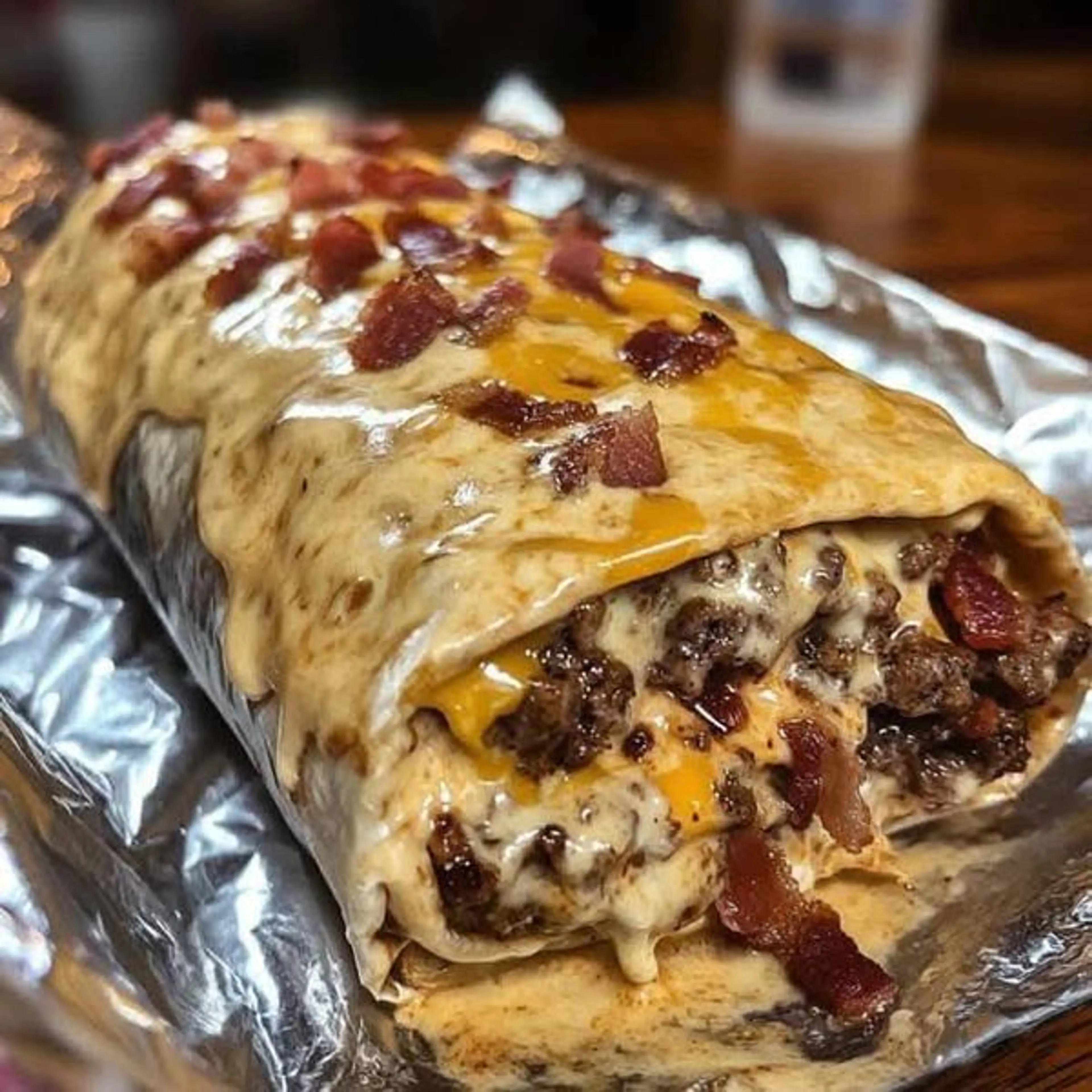 Bacon Cheeseburger Burrito with Bacon & Creamy Cheese Sauce
