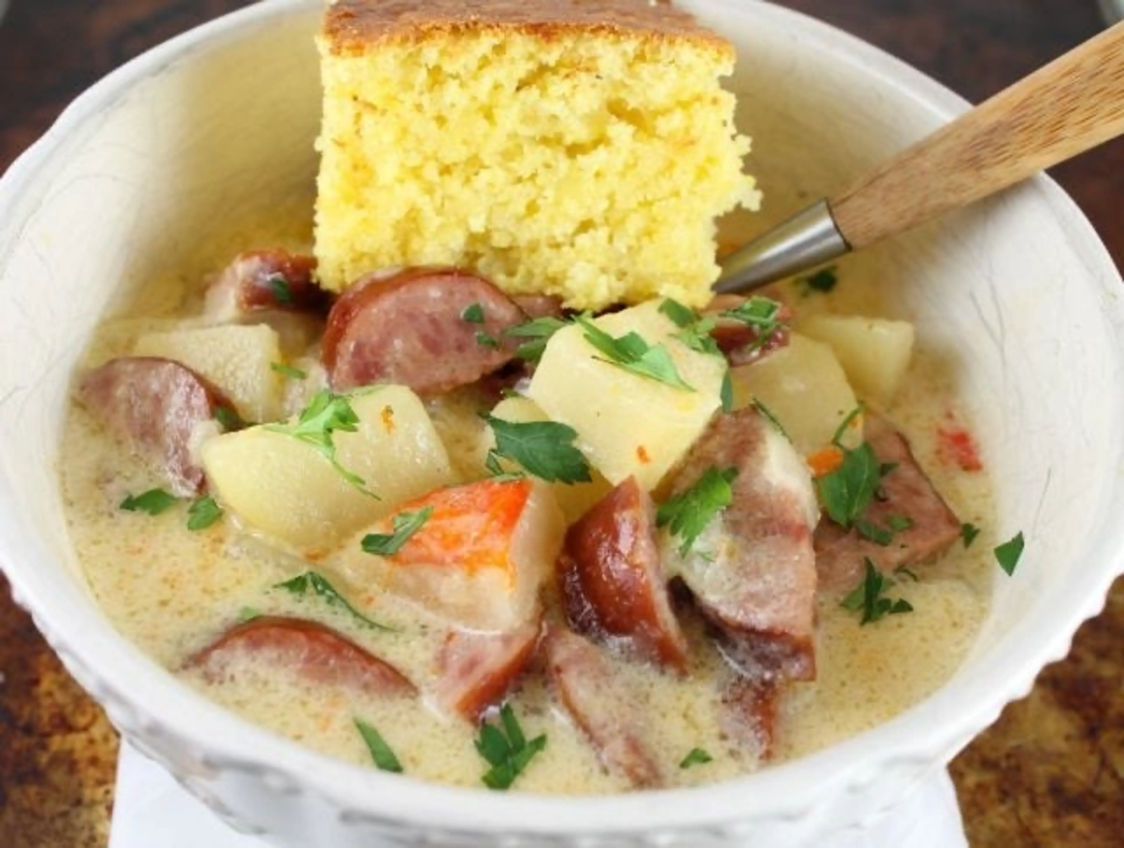 Slow Cooker Cheesy Smoked Sausage & Potato Soup