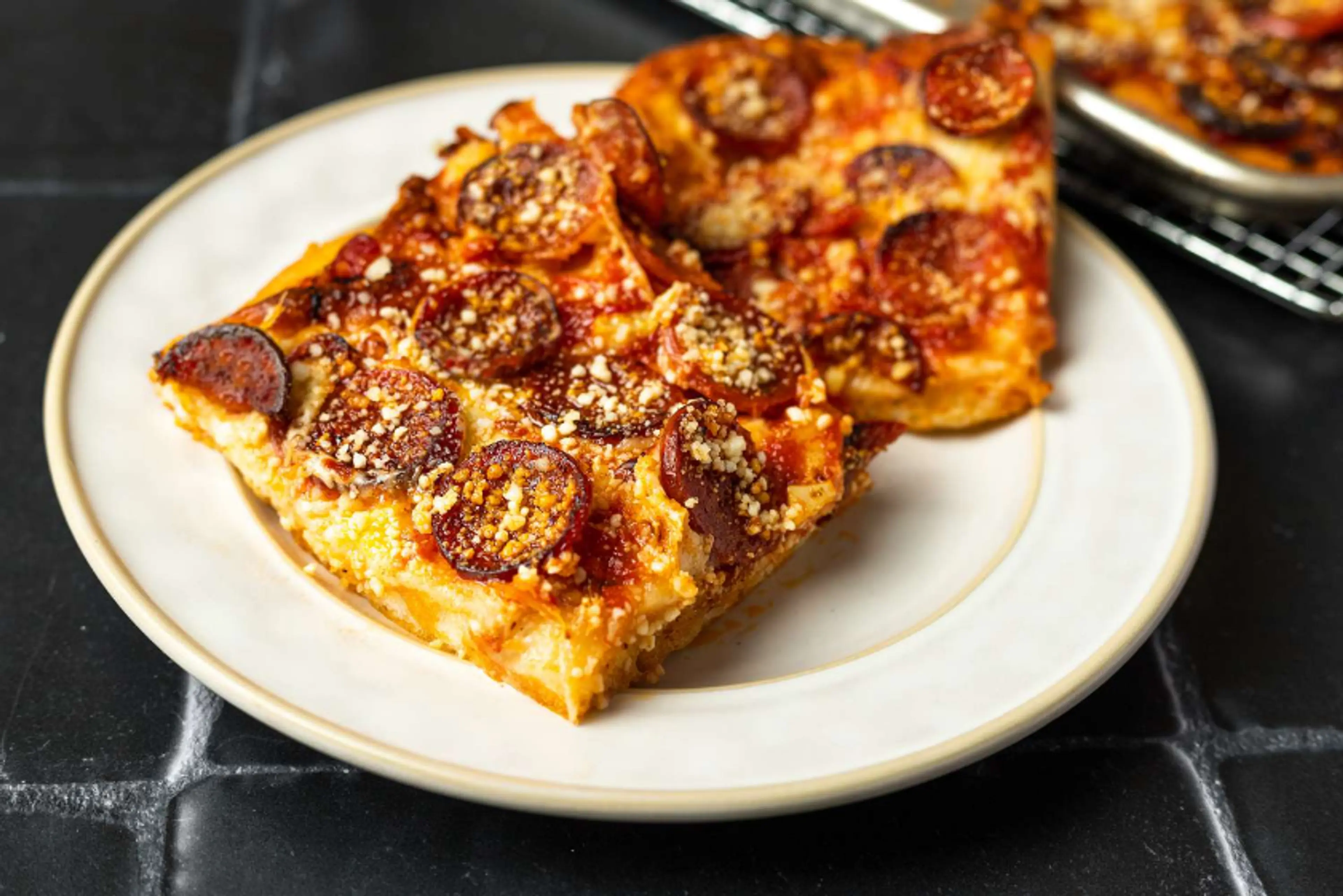 Sicilian Pizza With Pepperoni and Spicy Tomato Sauce Recipe