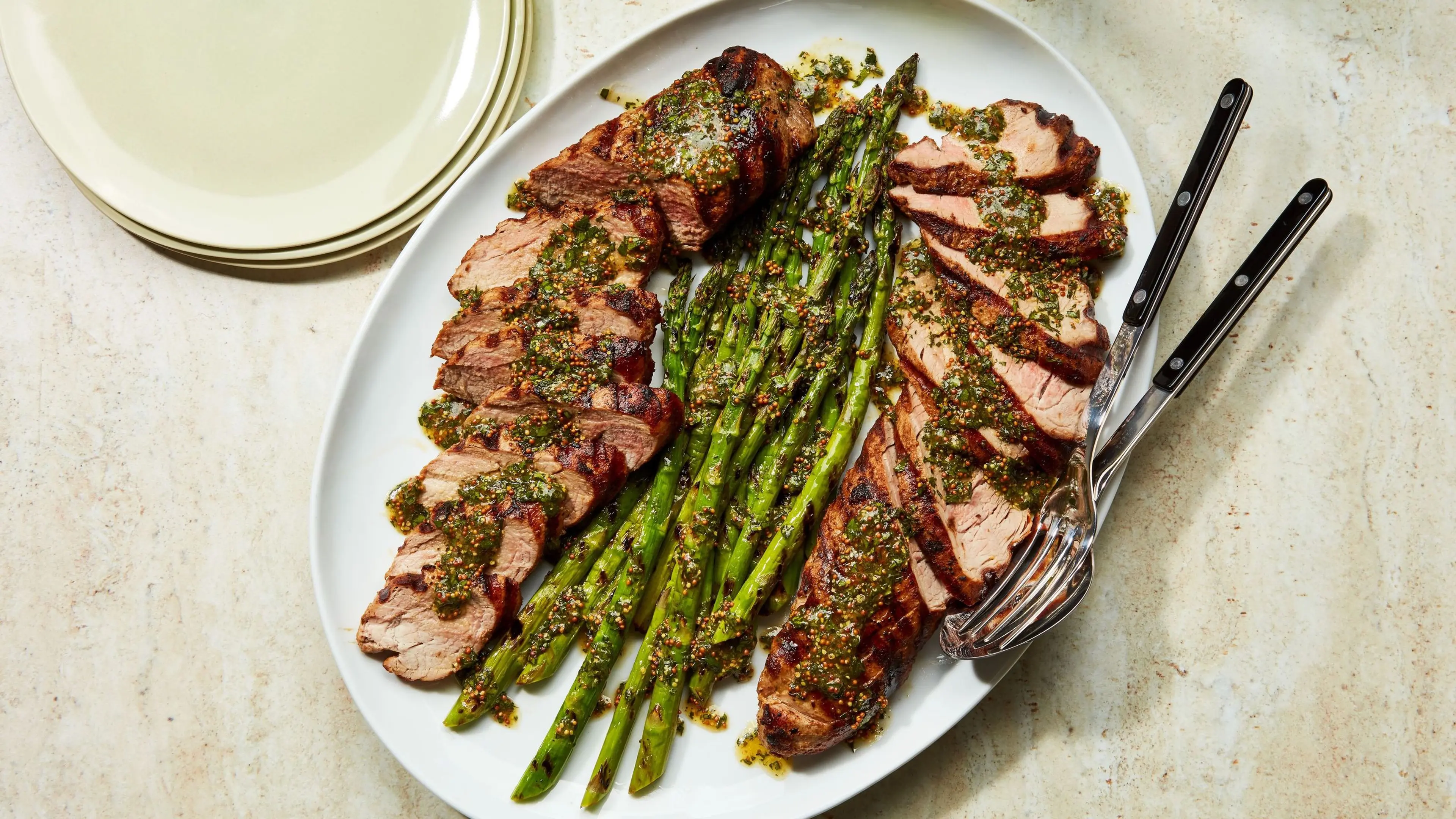Grilled Pork Tenderloin and Asparagus With Mustard-Herb Sauc