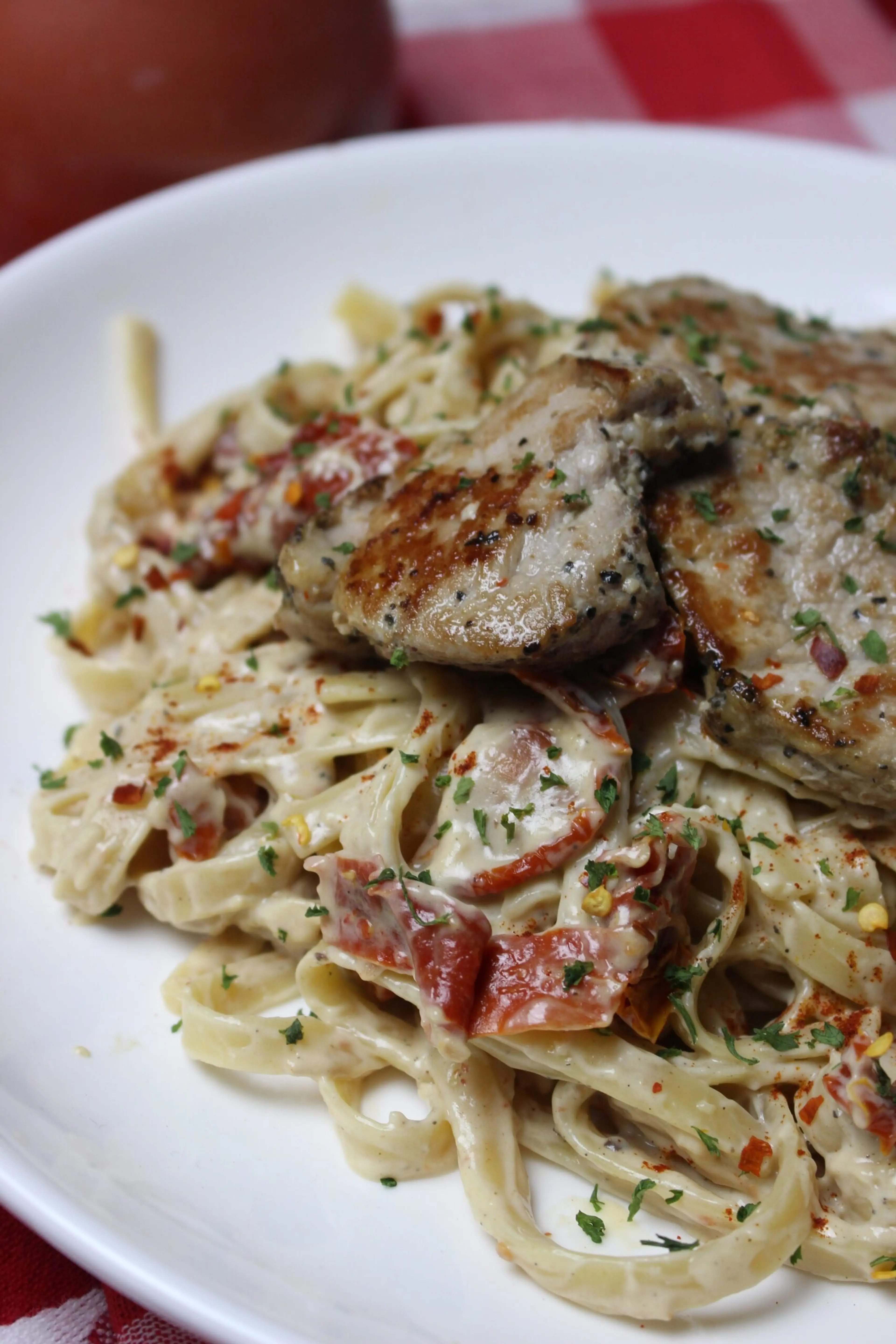 Sun-Dried Tomato Alfredo with Grilled Pork Recipe