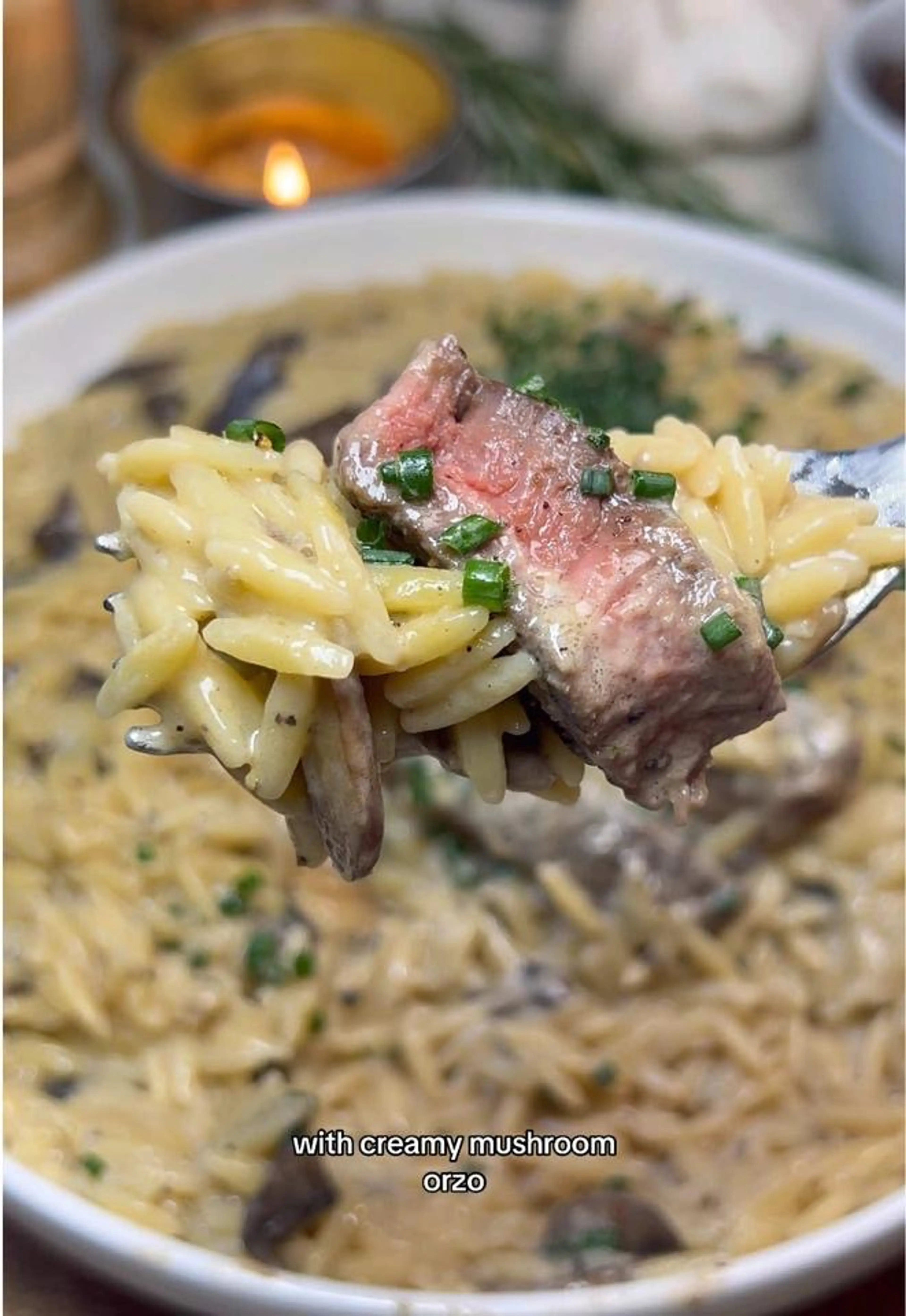 Steak Au Poivre with Creamy Mushroom Orzo