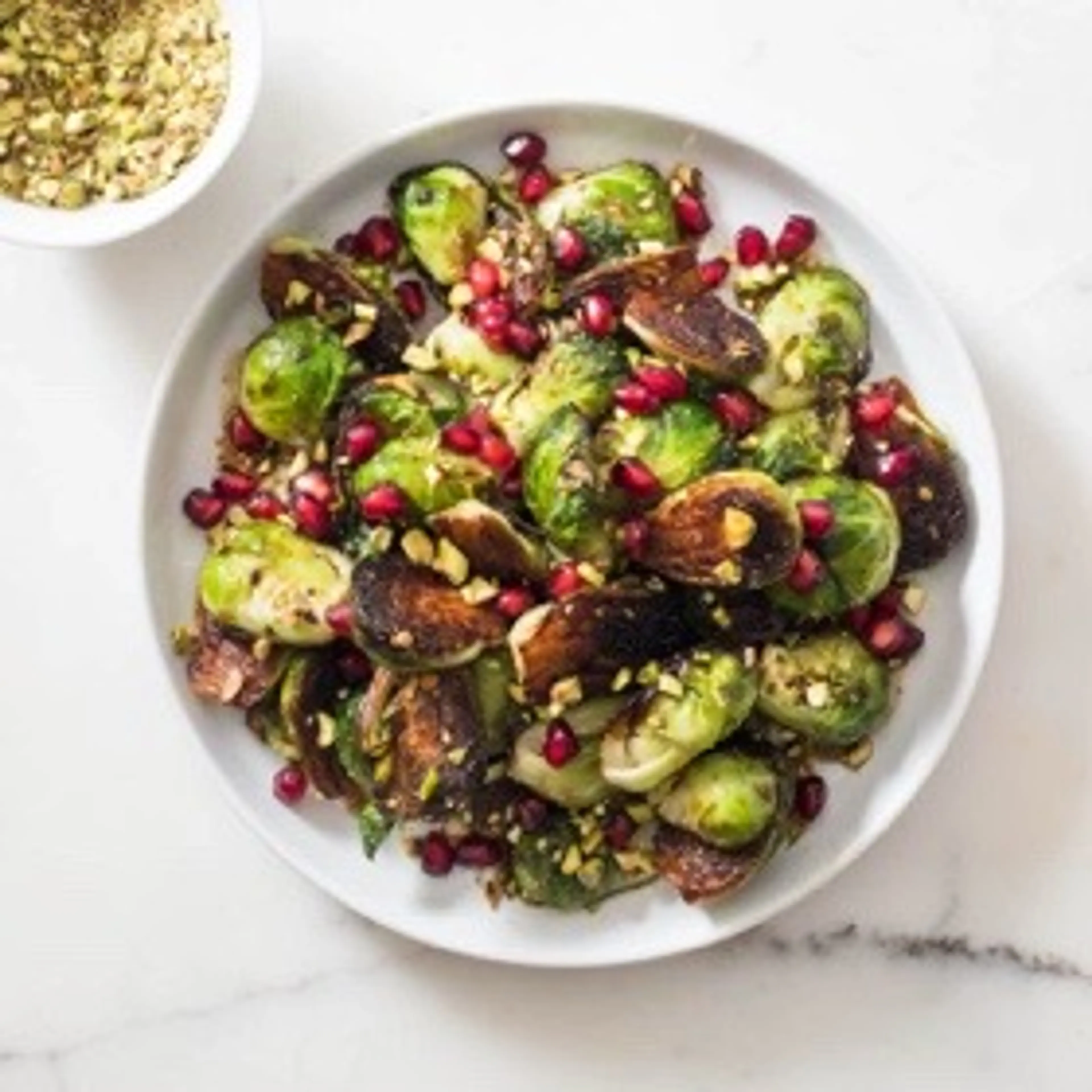 Skillet-Roasted Brussels Sprouts with Pomegranate and Pistac