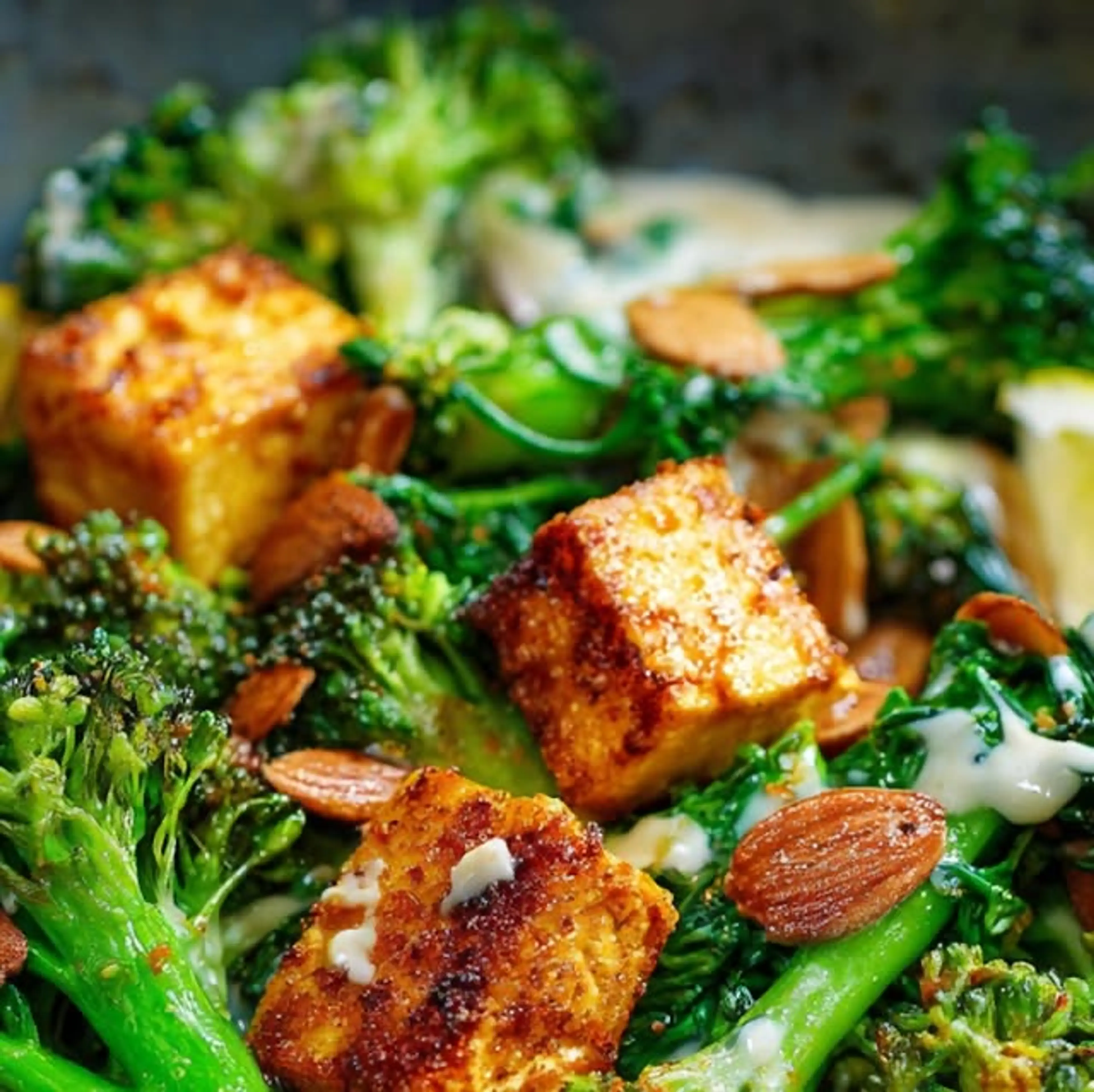 Broccoli Almond Crunch with Roasted Tofu & Lemon Sauce