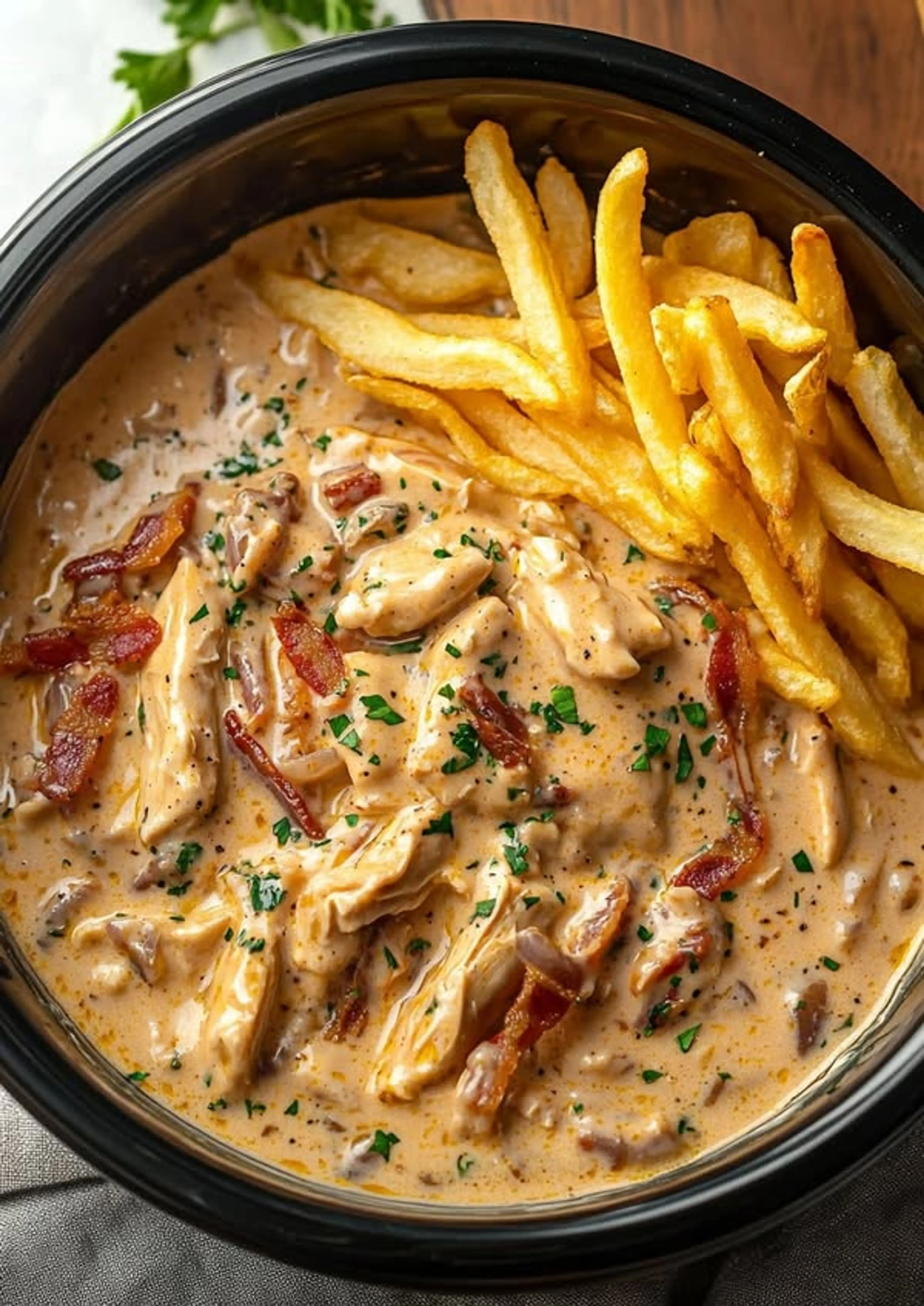 Creamy Slow-cooked Chicken Bacon Stroganoff with Roasted Red