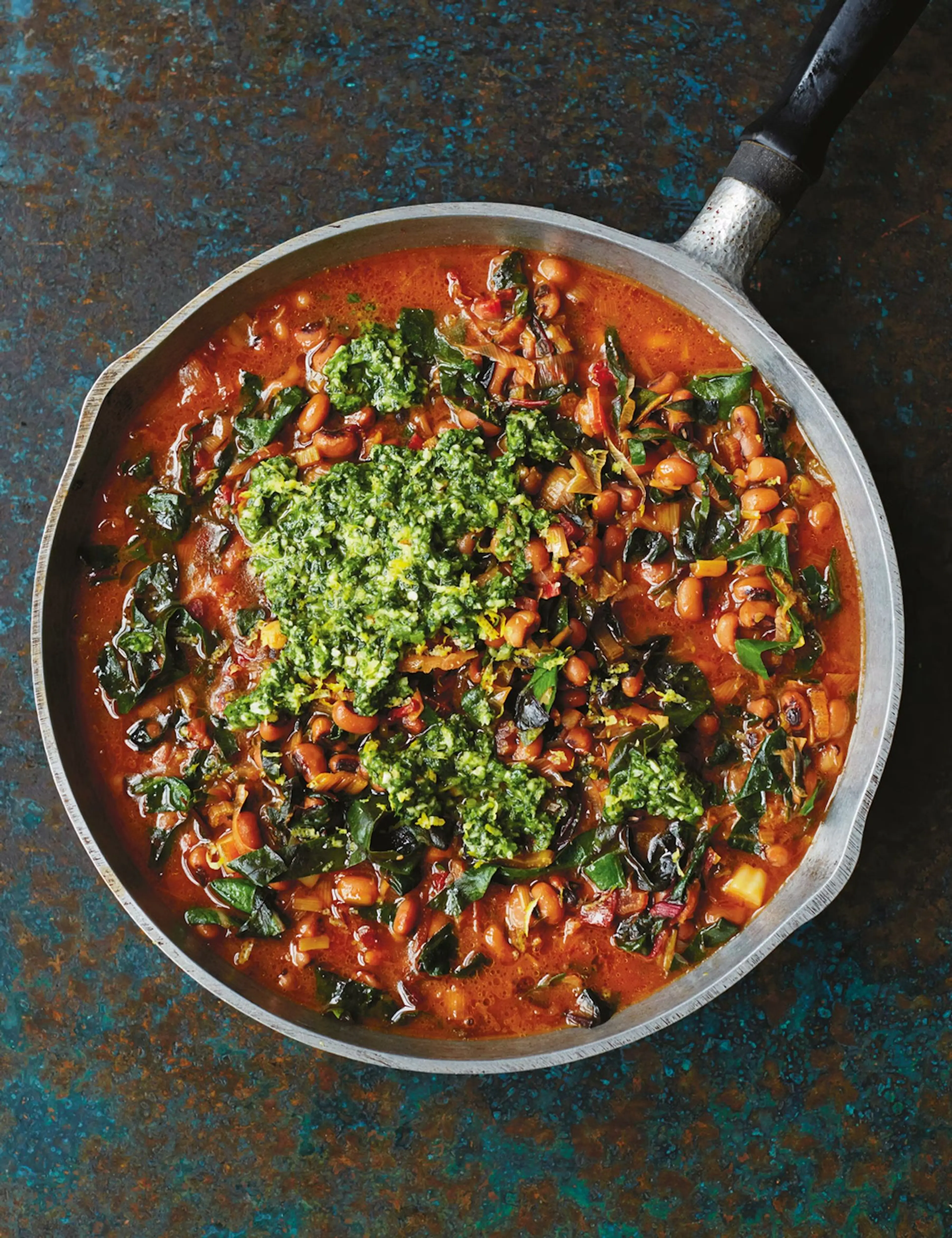 Black eyed beans with chard and green herb smash