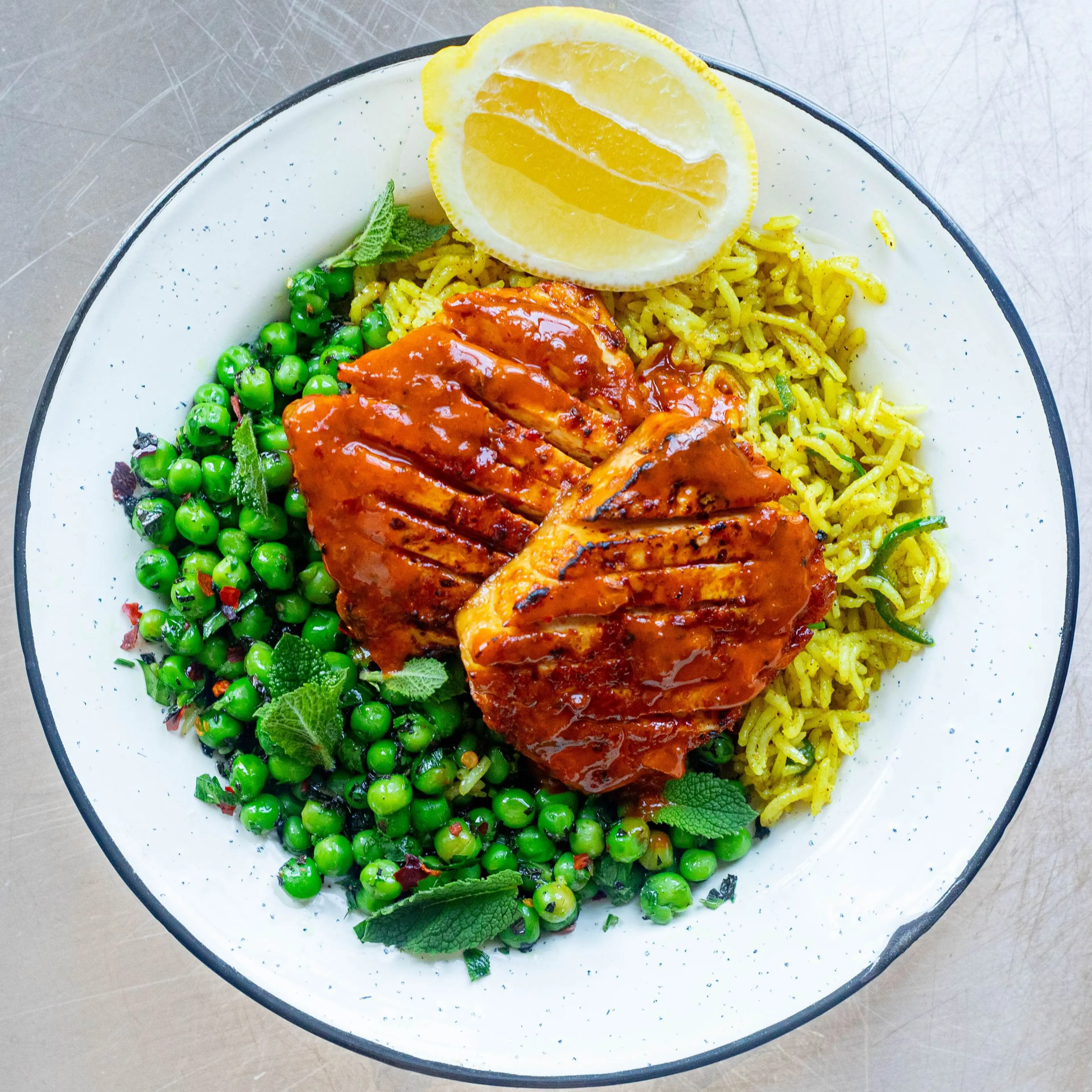 Peri Peri Tofu with Spiced Rice & Herby Peas