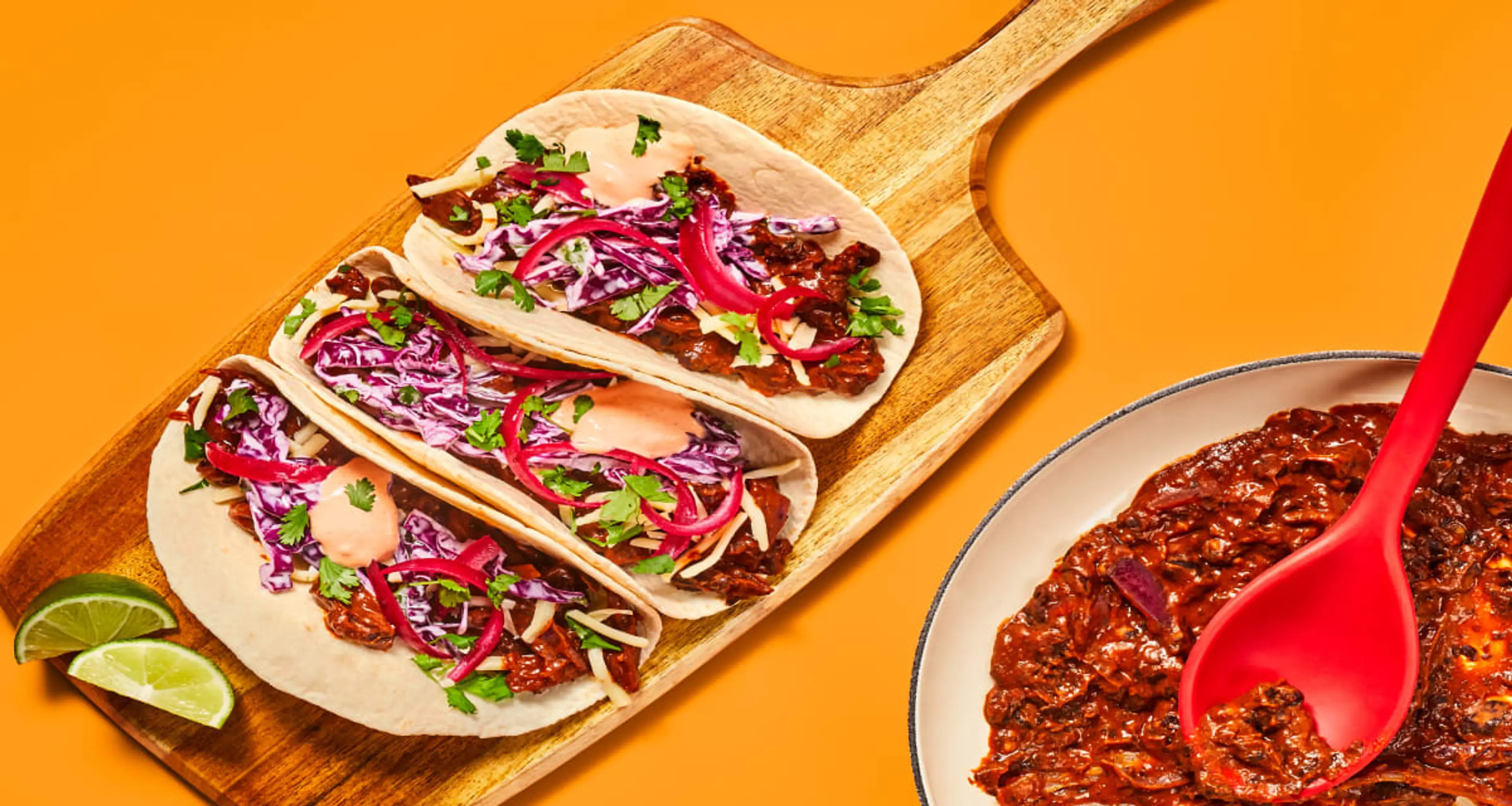 One-Pan Smashed Black Bean Tacos with Creamy Slaw, Pickled O