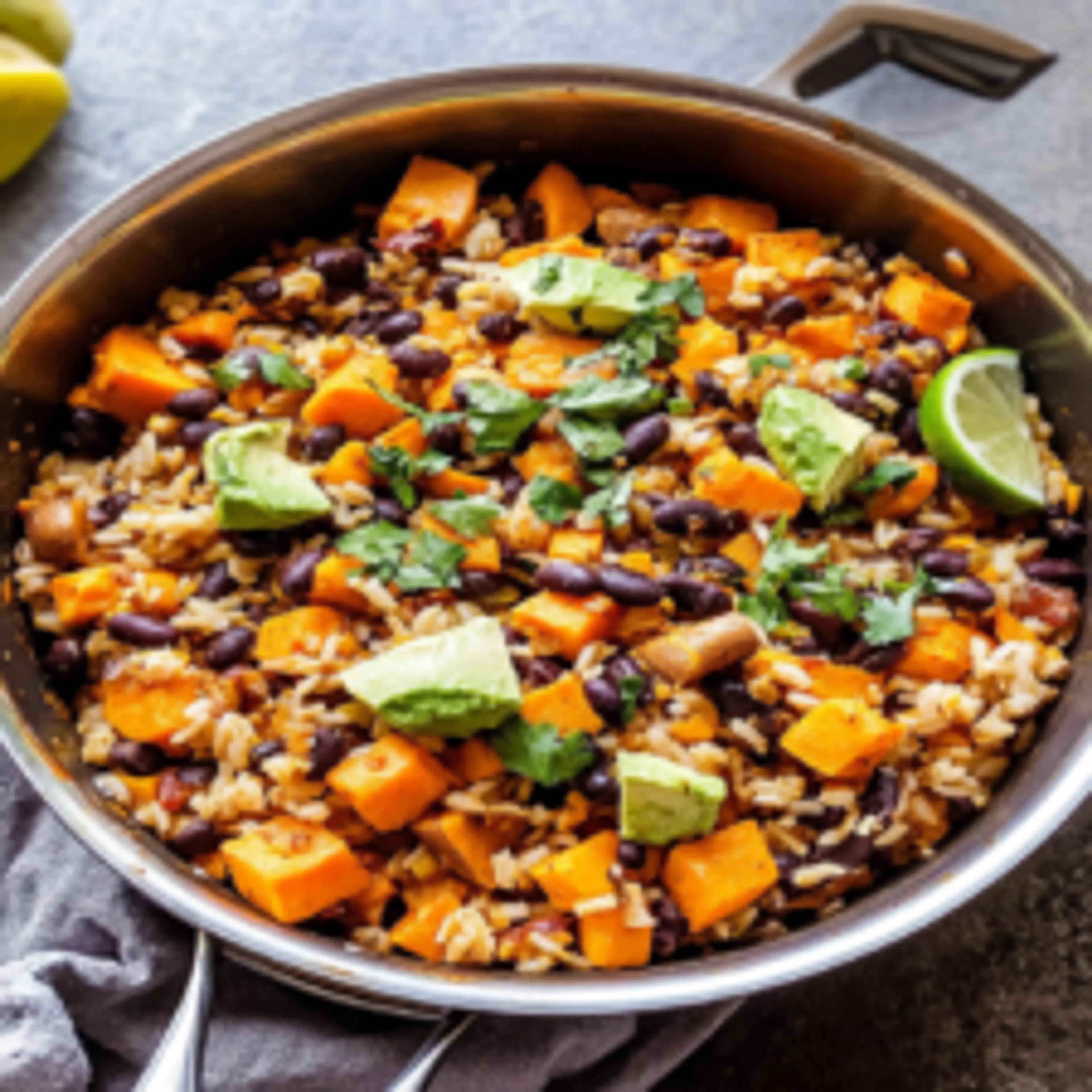 Southwest Sweet Potato, Black Bean and Rice Skillet