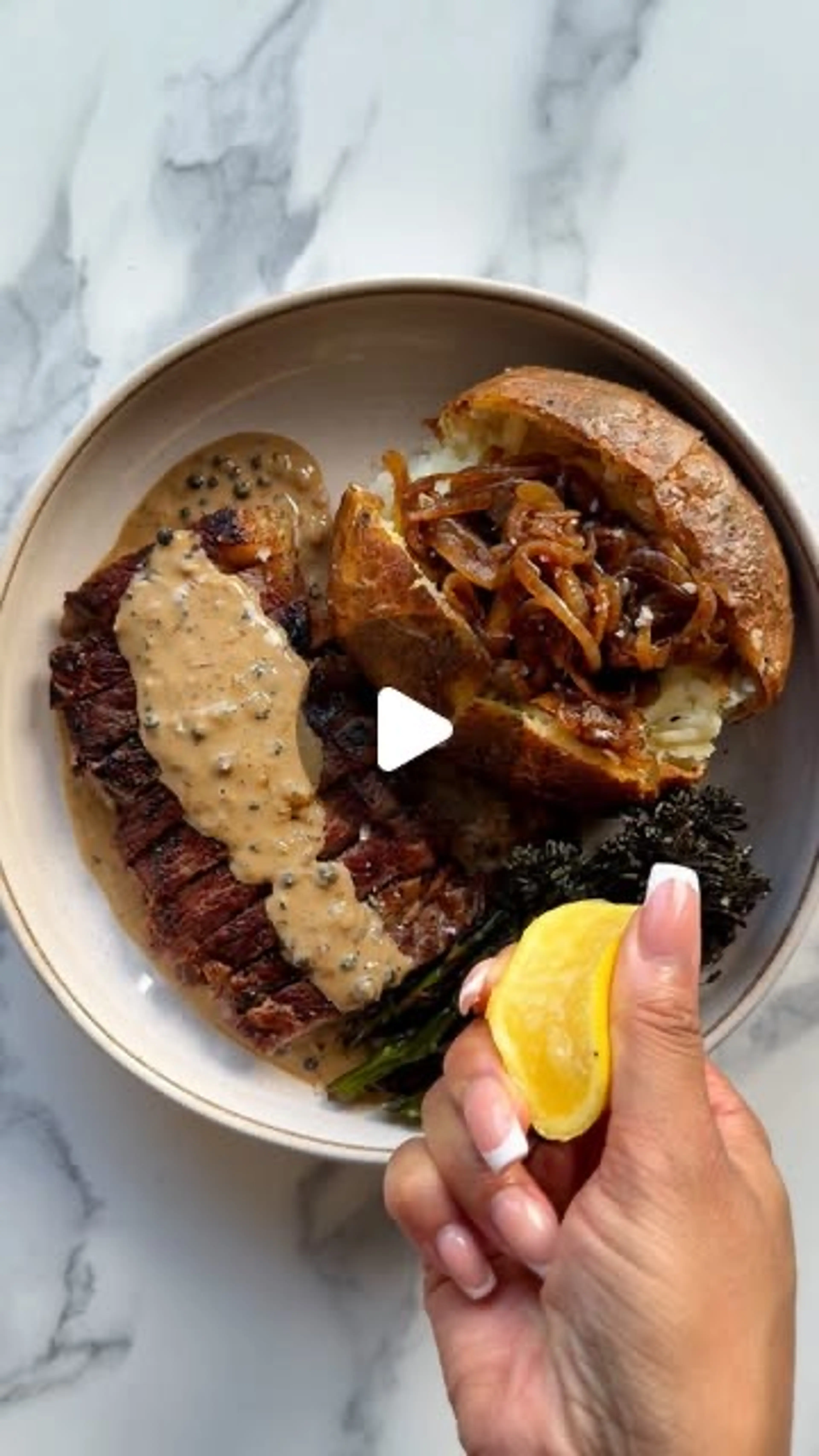 Steak with Peppercorn Sauce, Cheesy Garlic Butter J