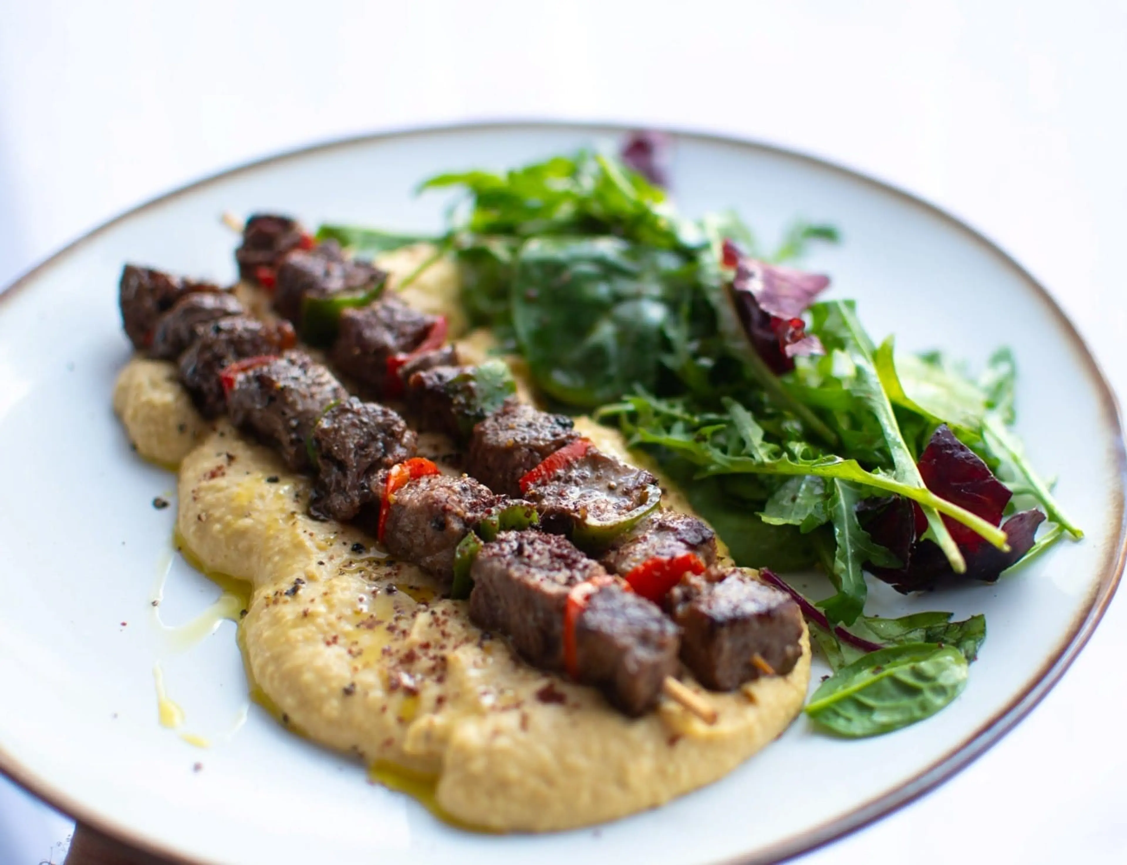 Spicy Beef Skewers with Hummus