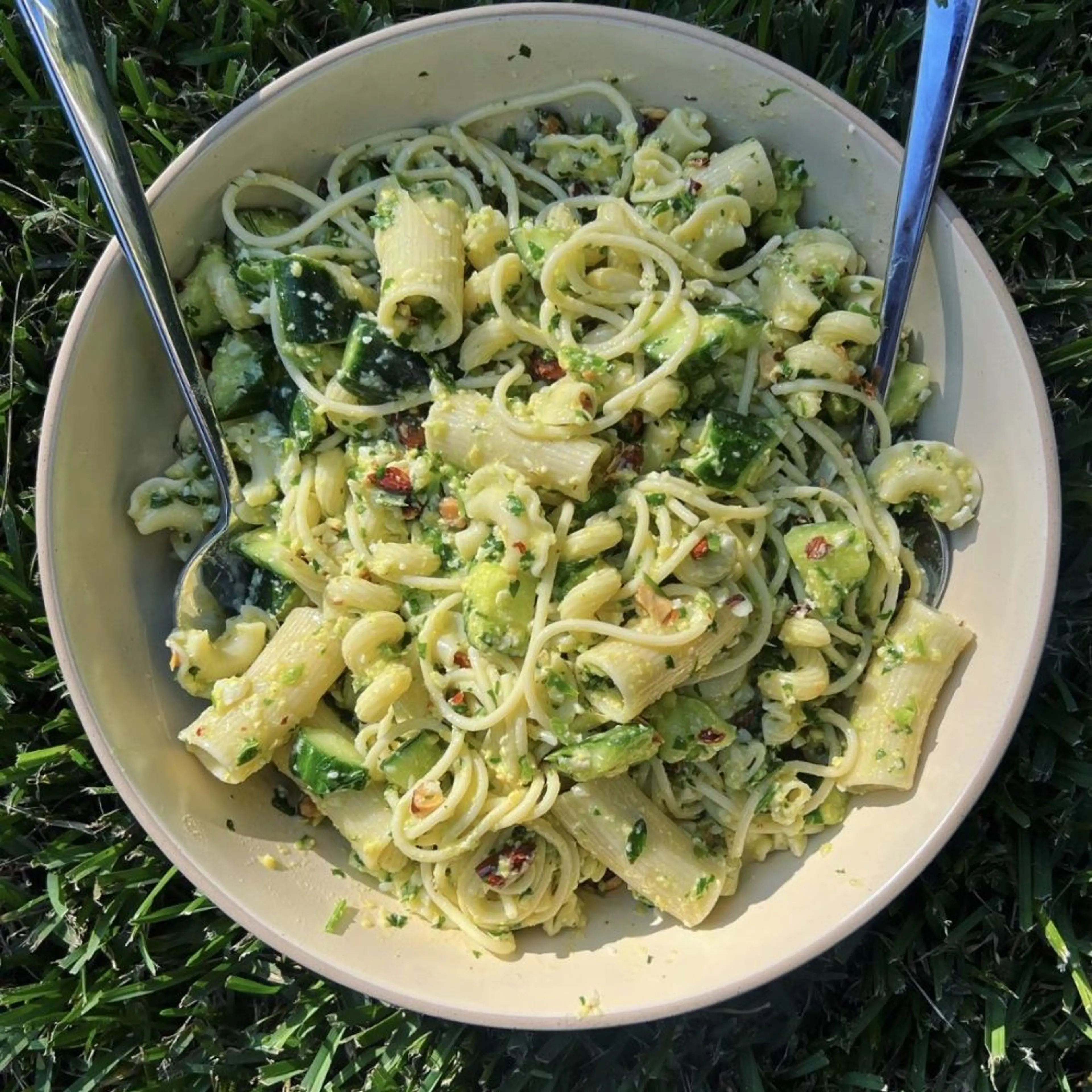 Crazy Pasta Salad with Cucumber-Corn Pesto