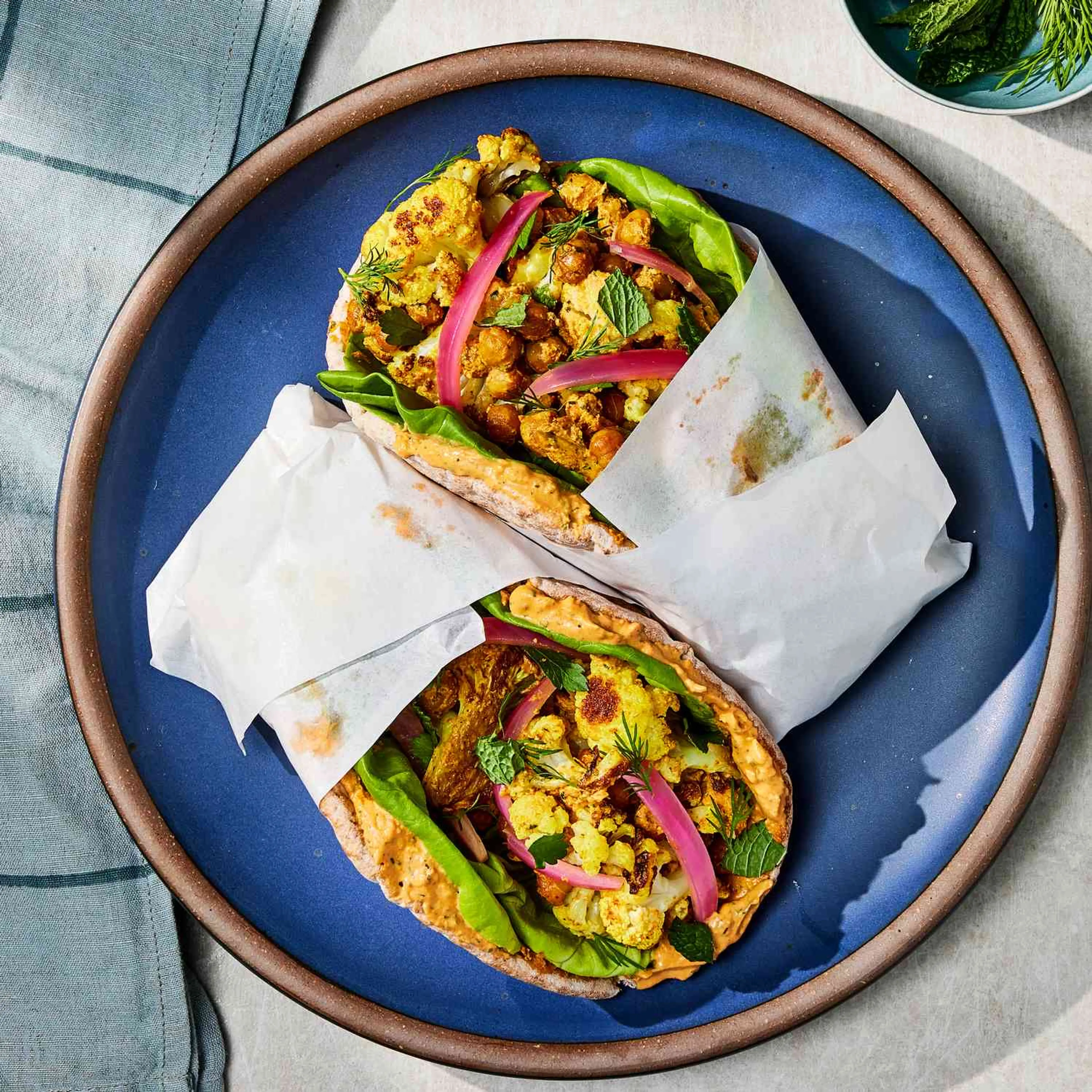 Roasted Chickpea & Cauliflower Pitas with Sun-Dried Tomato S