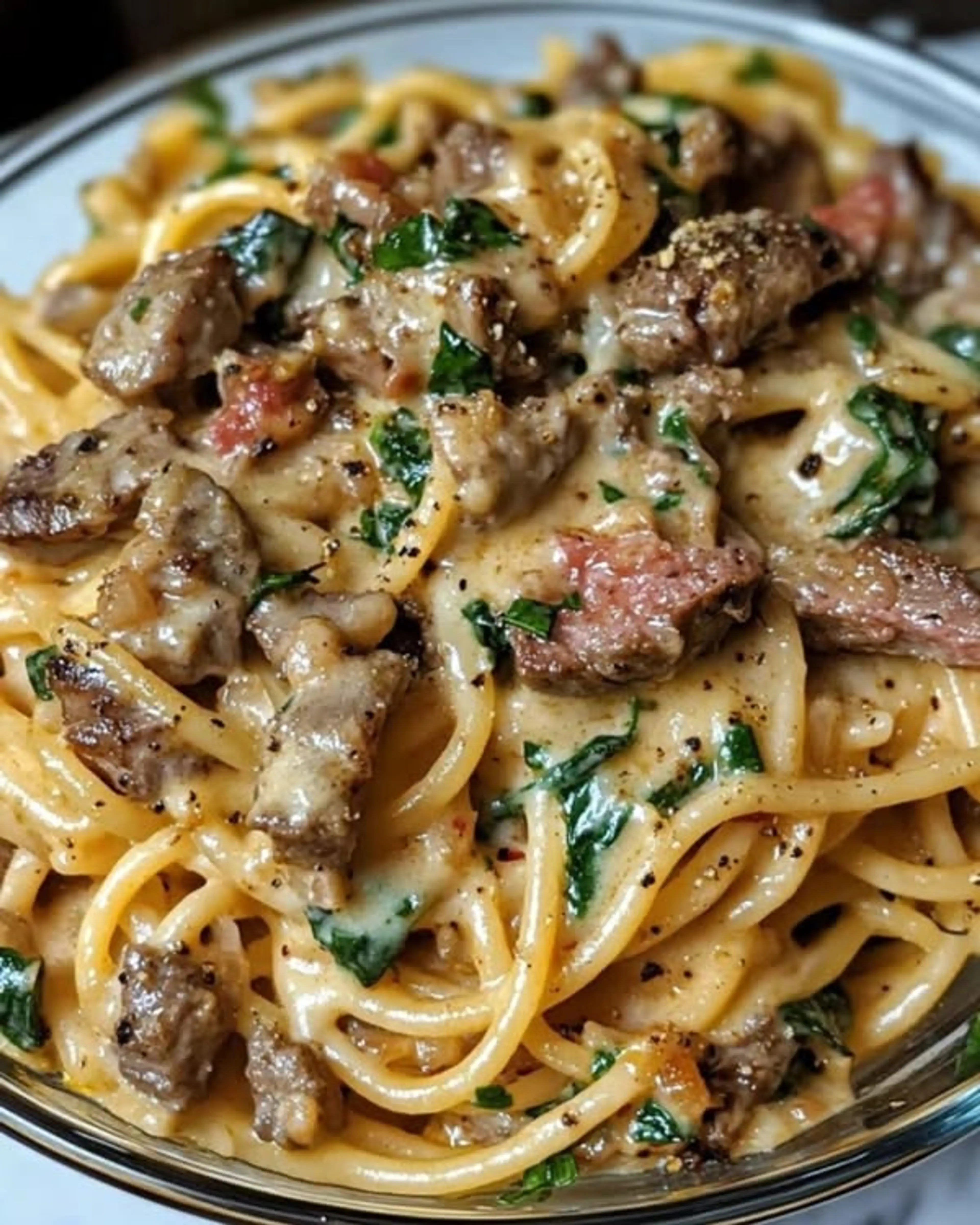 Steak Spaghetti with Creamy Alfredo Sauce and Spinach Leaves