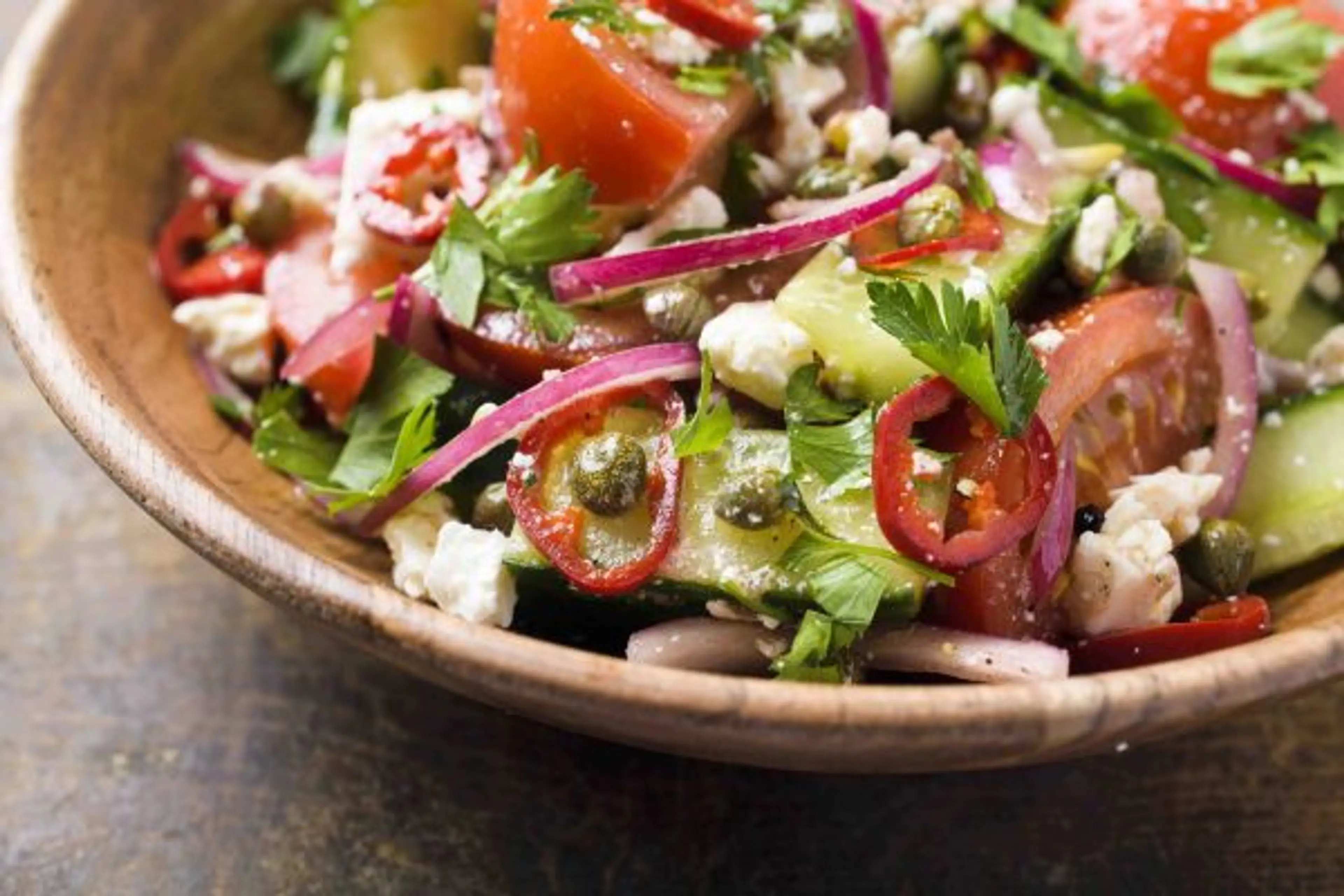 Tomato and Cucumber Salad with Capers and Feta