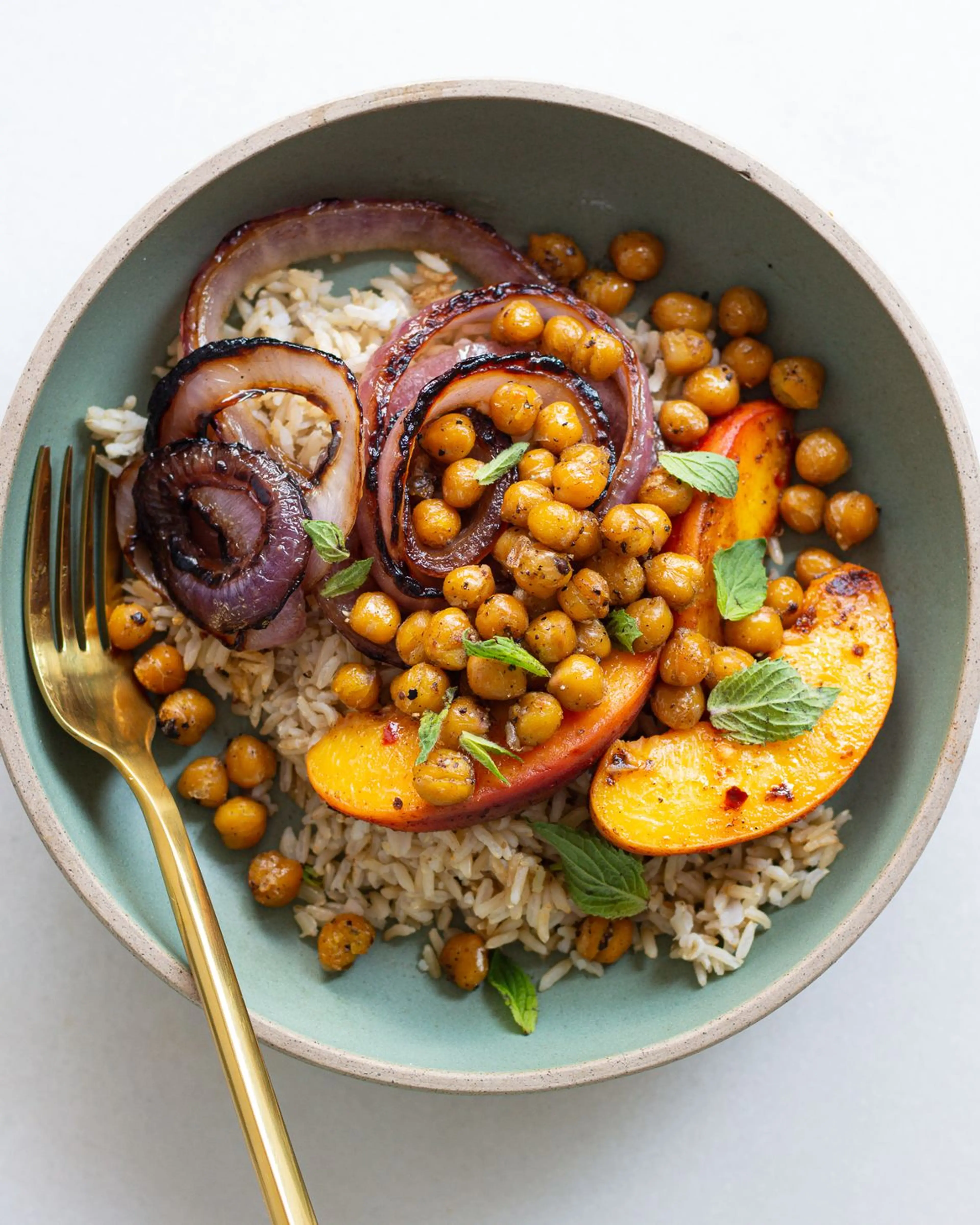 Crispy Chickpea Bowl with Spiced Peaches