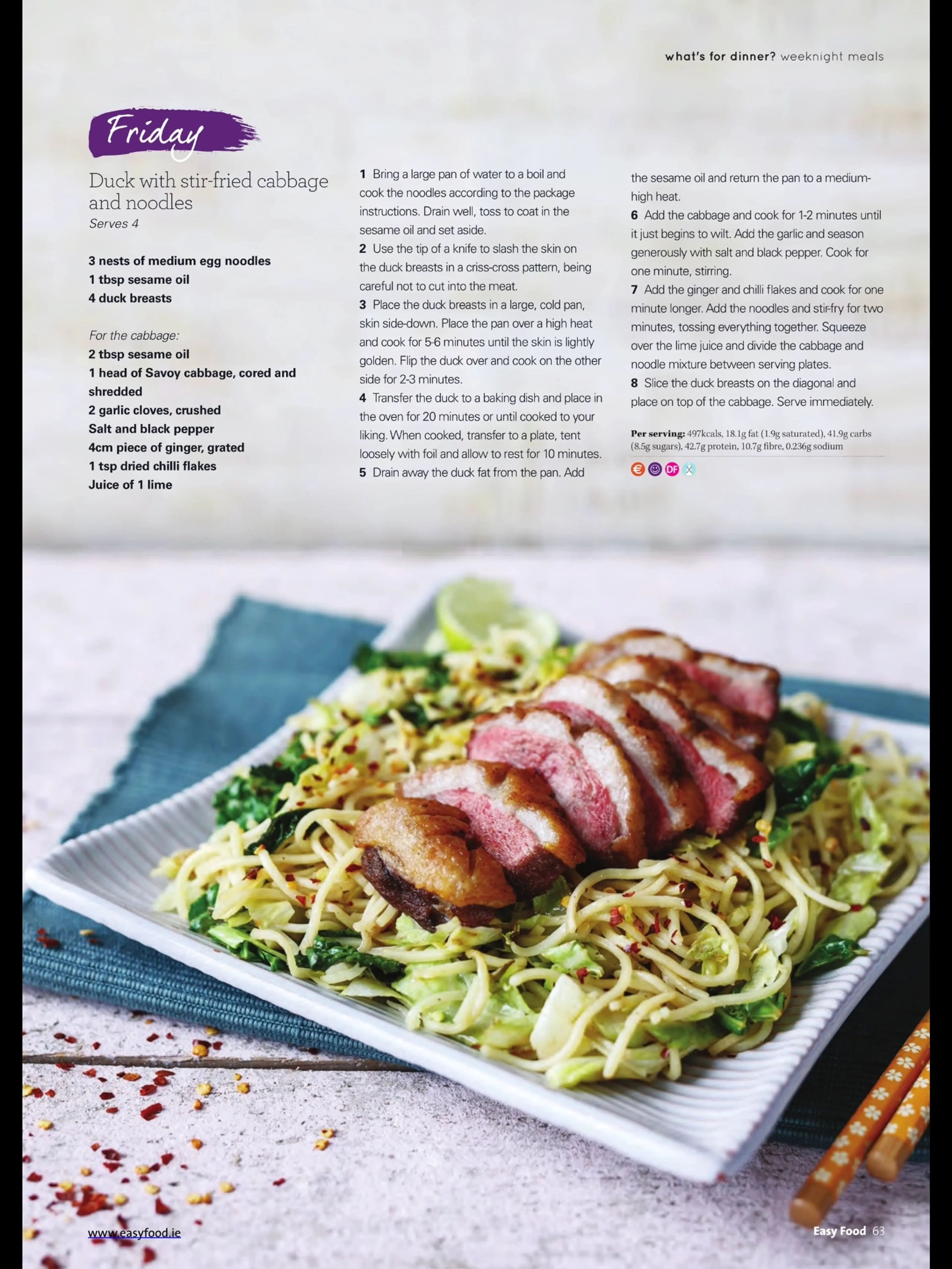 Duck with stir-fried cabbage and noodles
