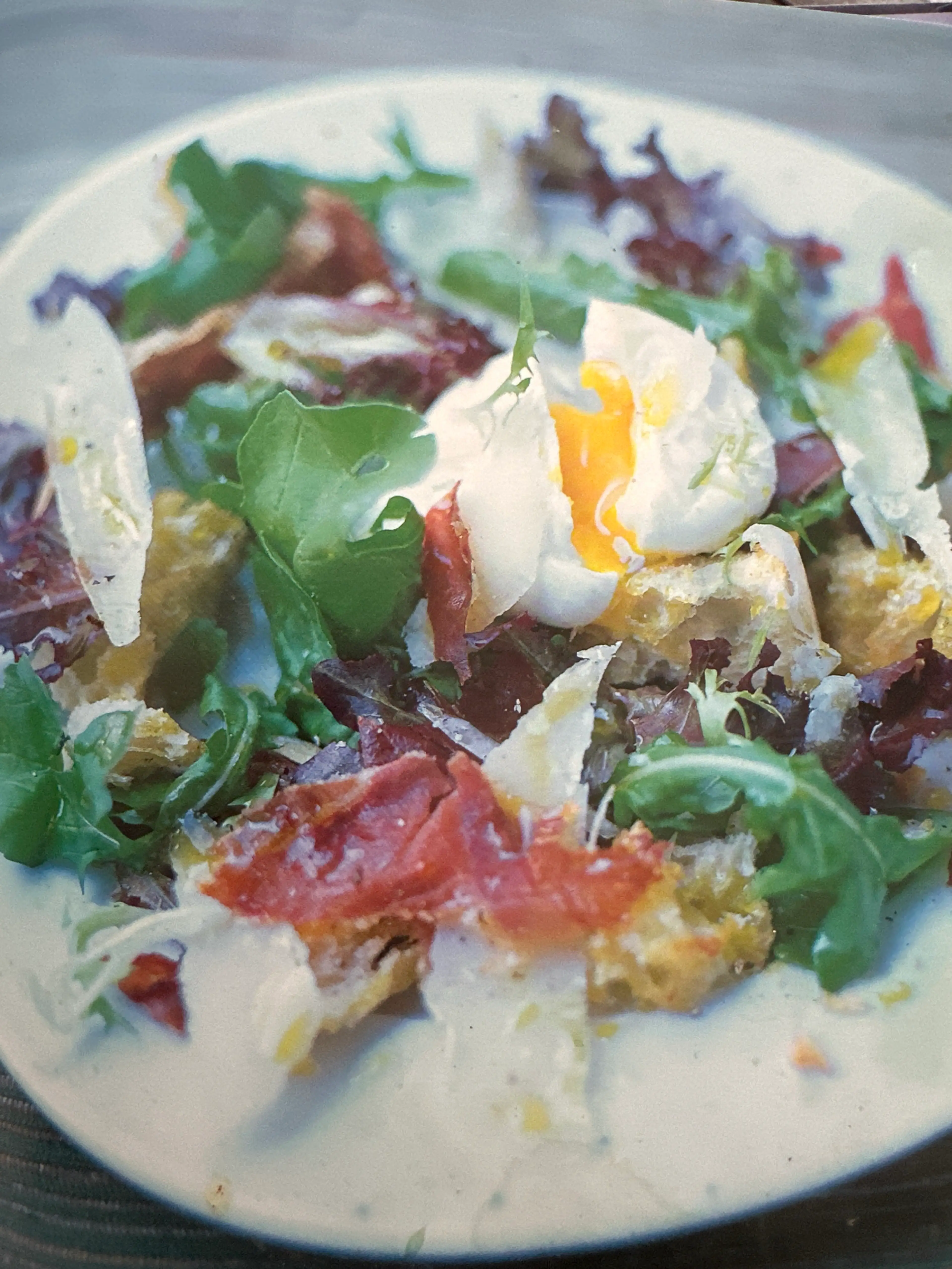 Warm Bread Salad of Crispy Pancetta, Parmesan and Poached Eg