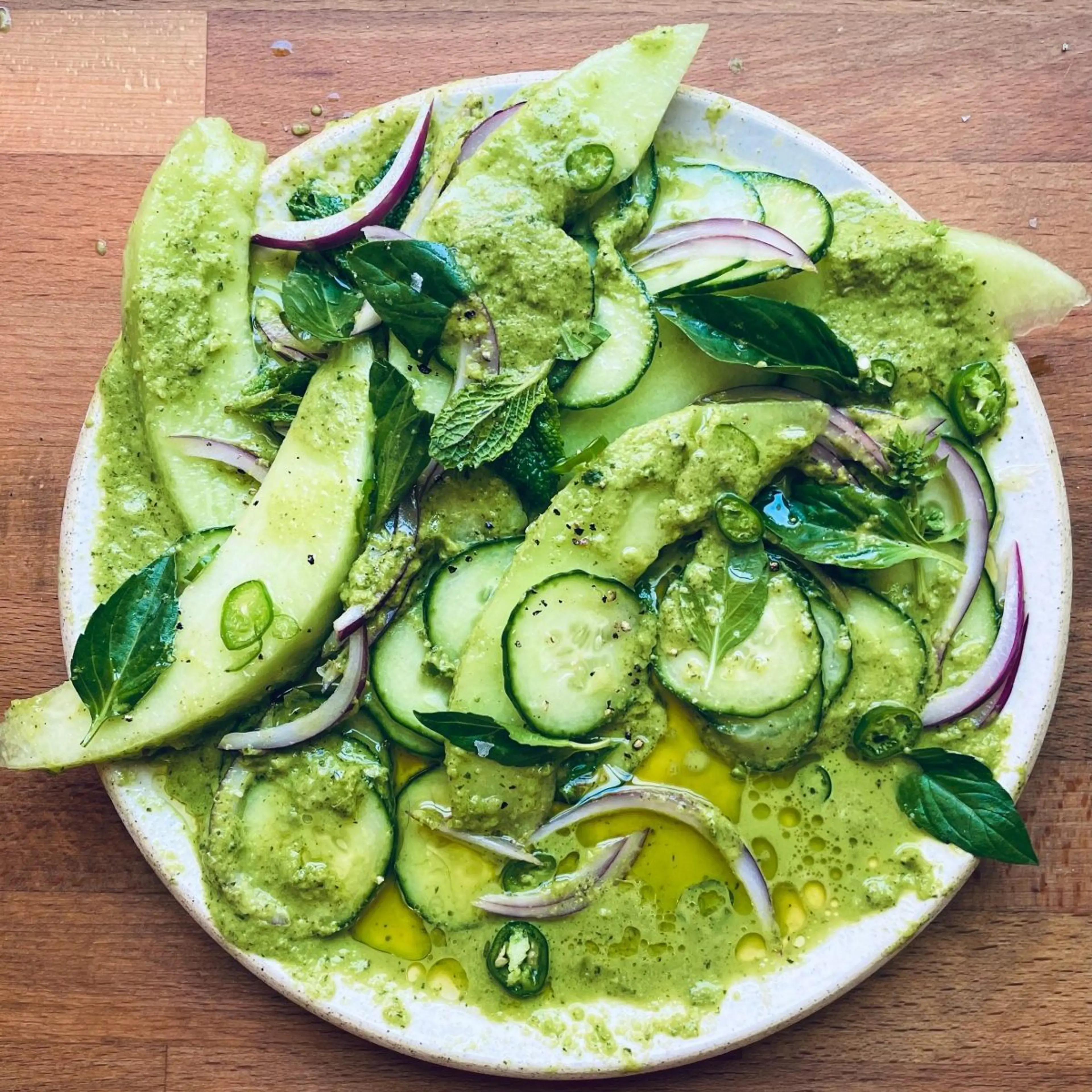 Melon and Cuke Salad with Serrano Lime Dressing