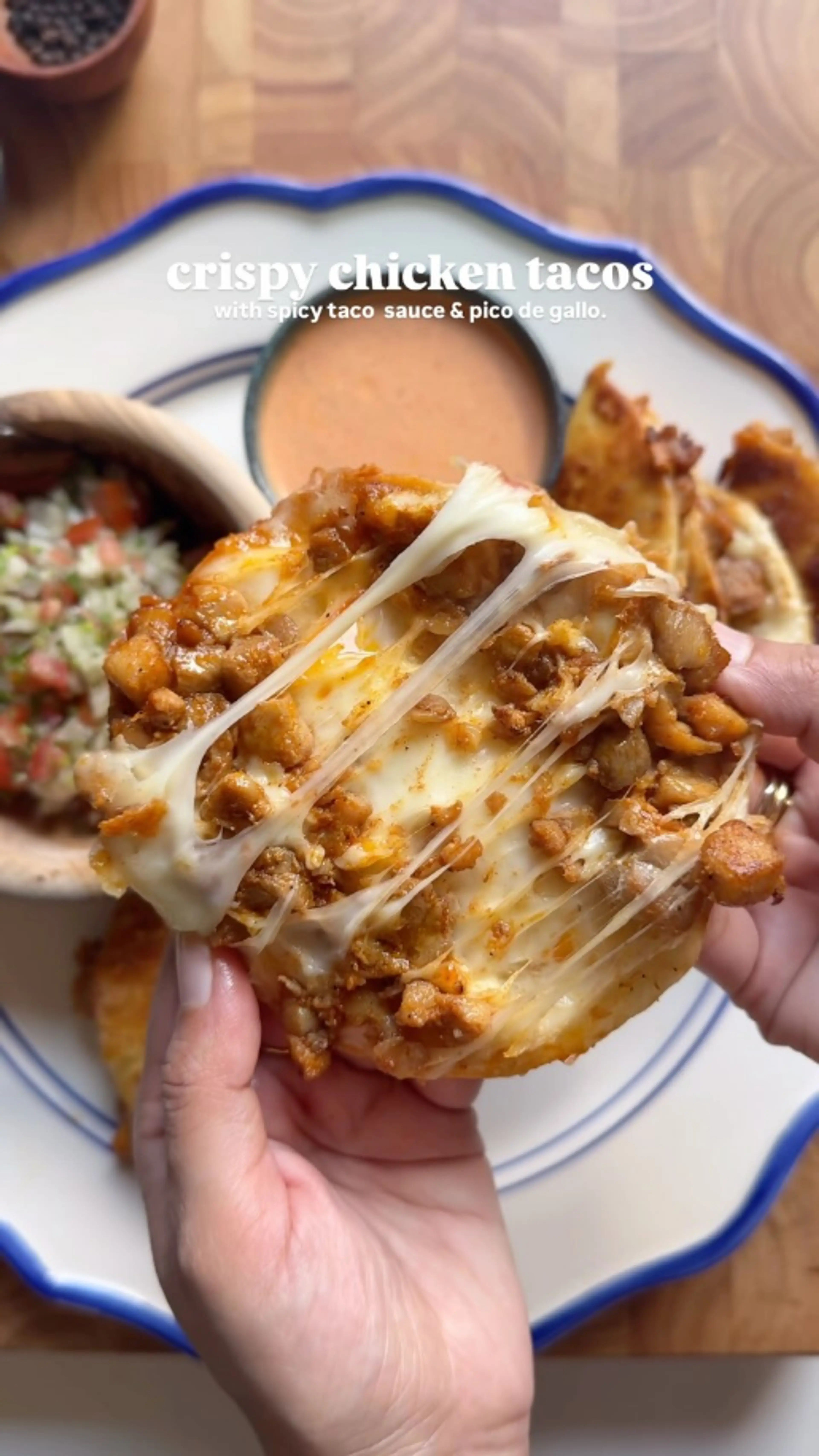 Crispy Chicken Tacos with Spicy Taco Sauce and Pico De Gallo