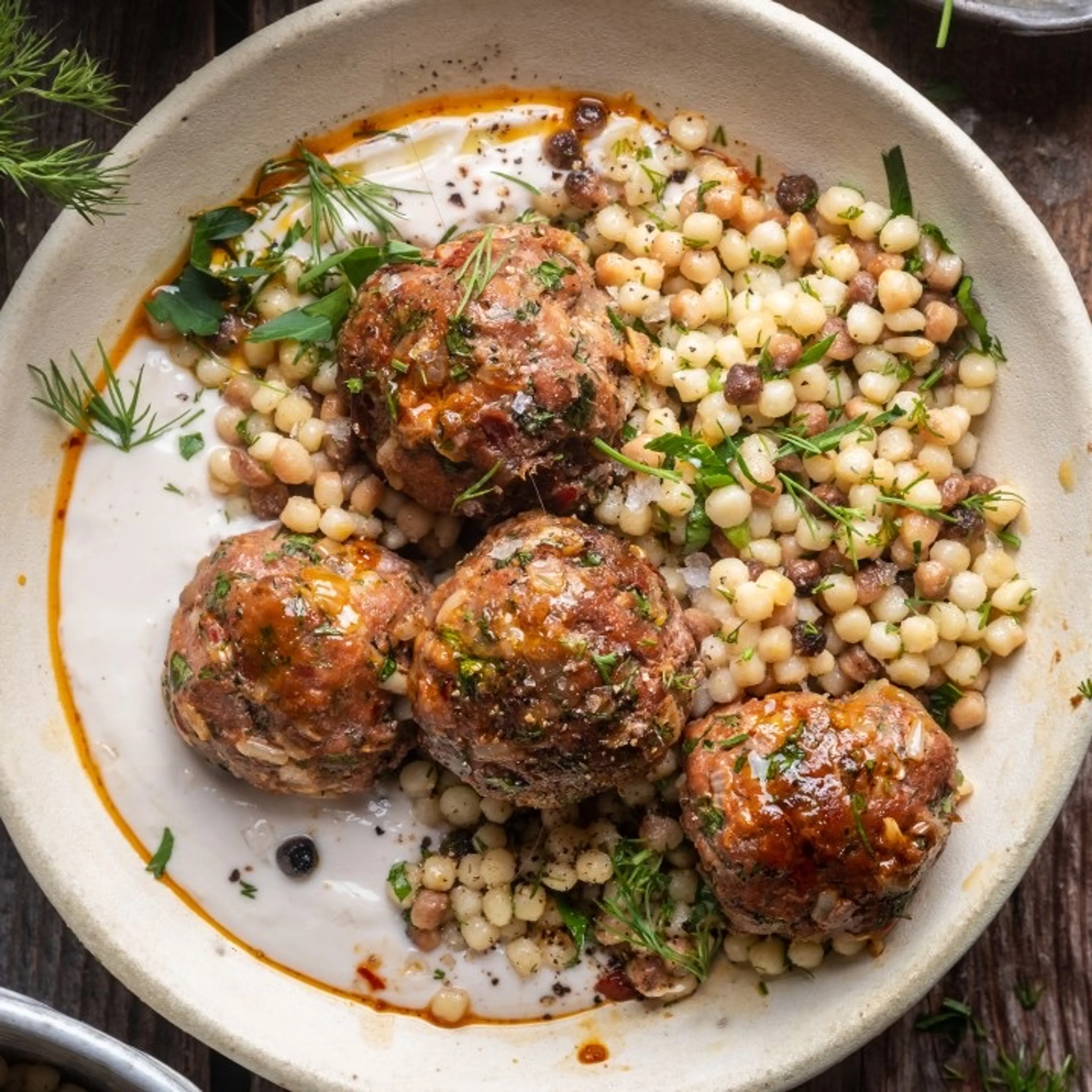Harissa Meatballs with Fregola and Lemony Yogurt