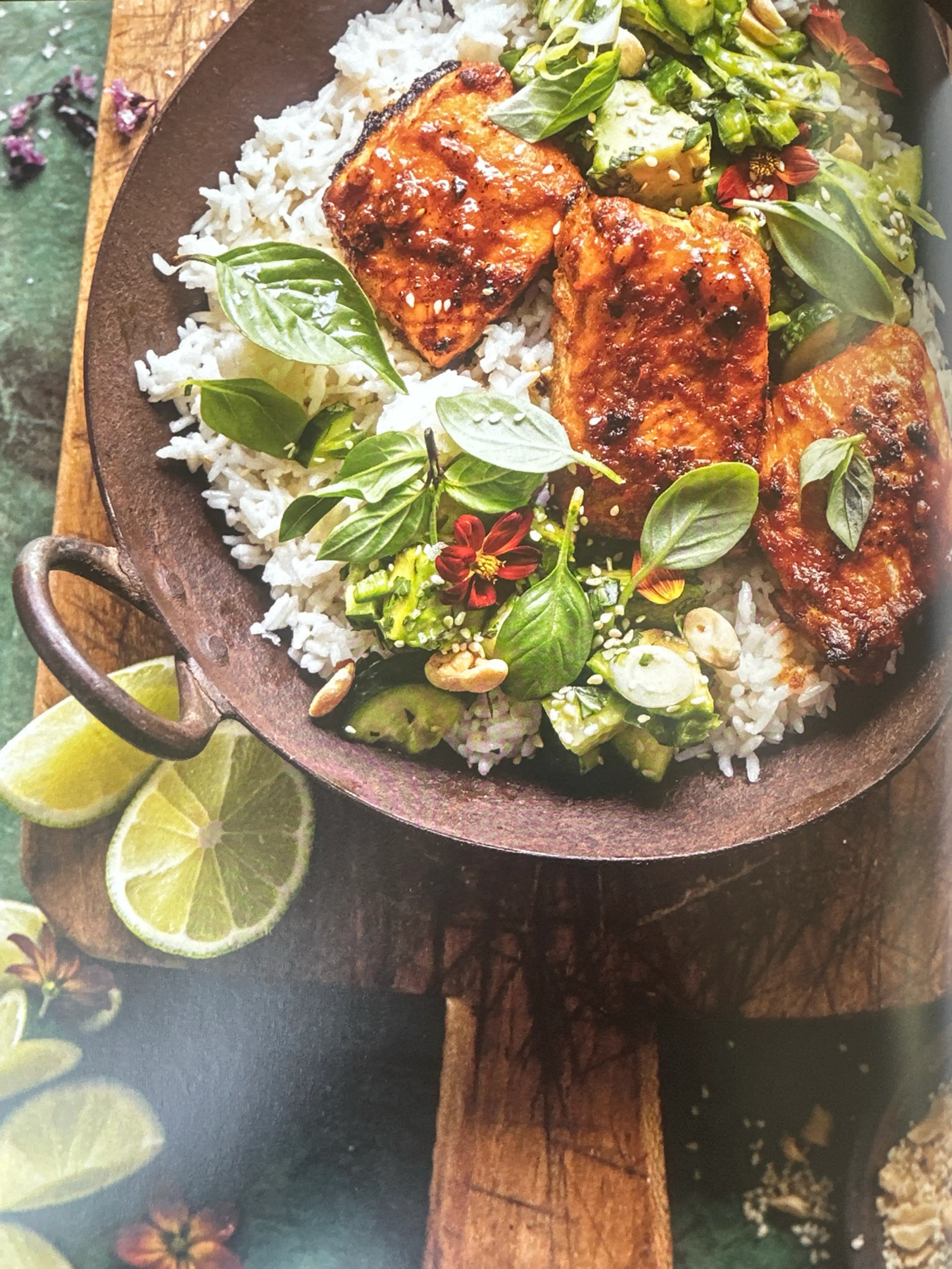 Red Curry Salmon with Avocado-Cucumber Salad & Coconut Rice