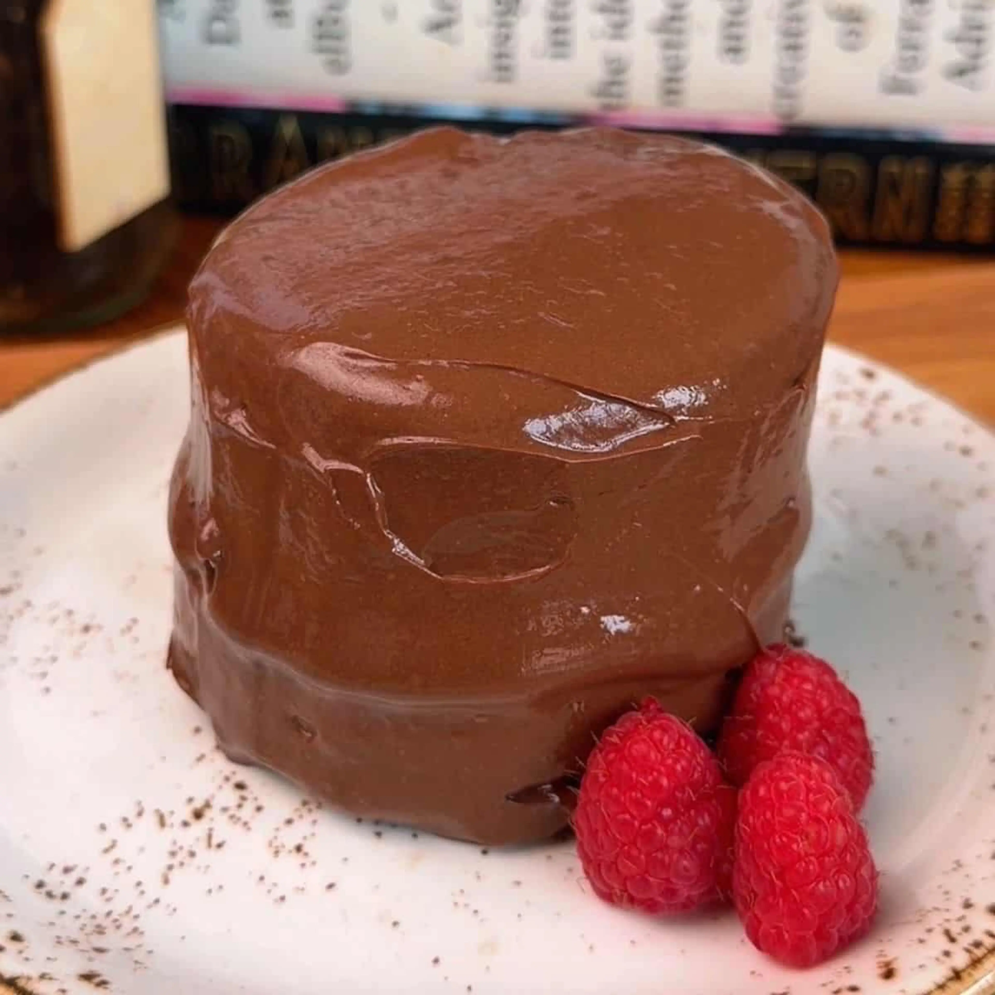 90-Second High Protein Frosted Fudgy Chocolate Cake