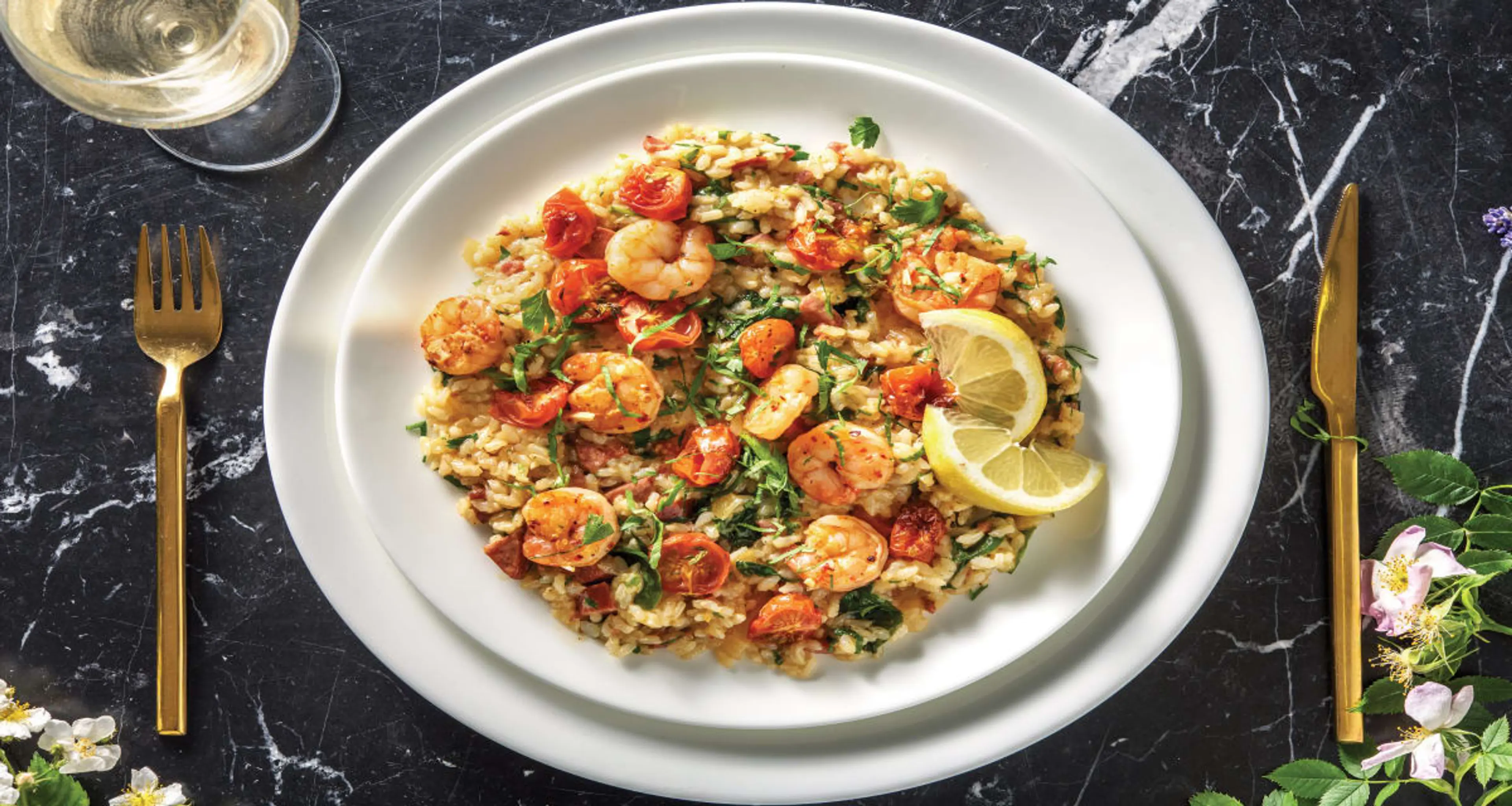Garlic Prawns & Chorizo Risotto with Roasted Cherry Tomatoes