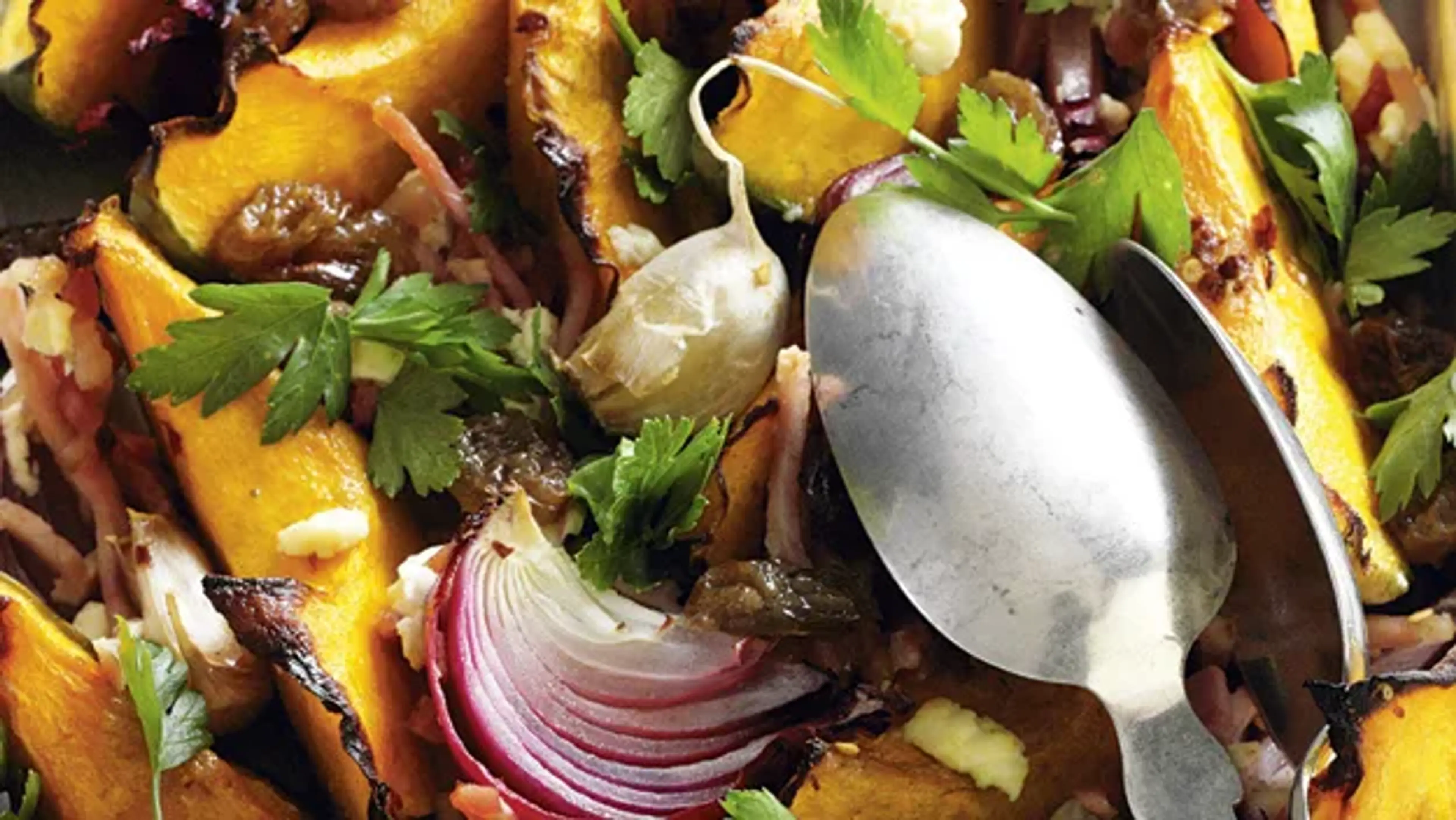 Roasted pumpkin with bacon and feta