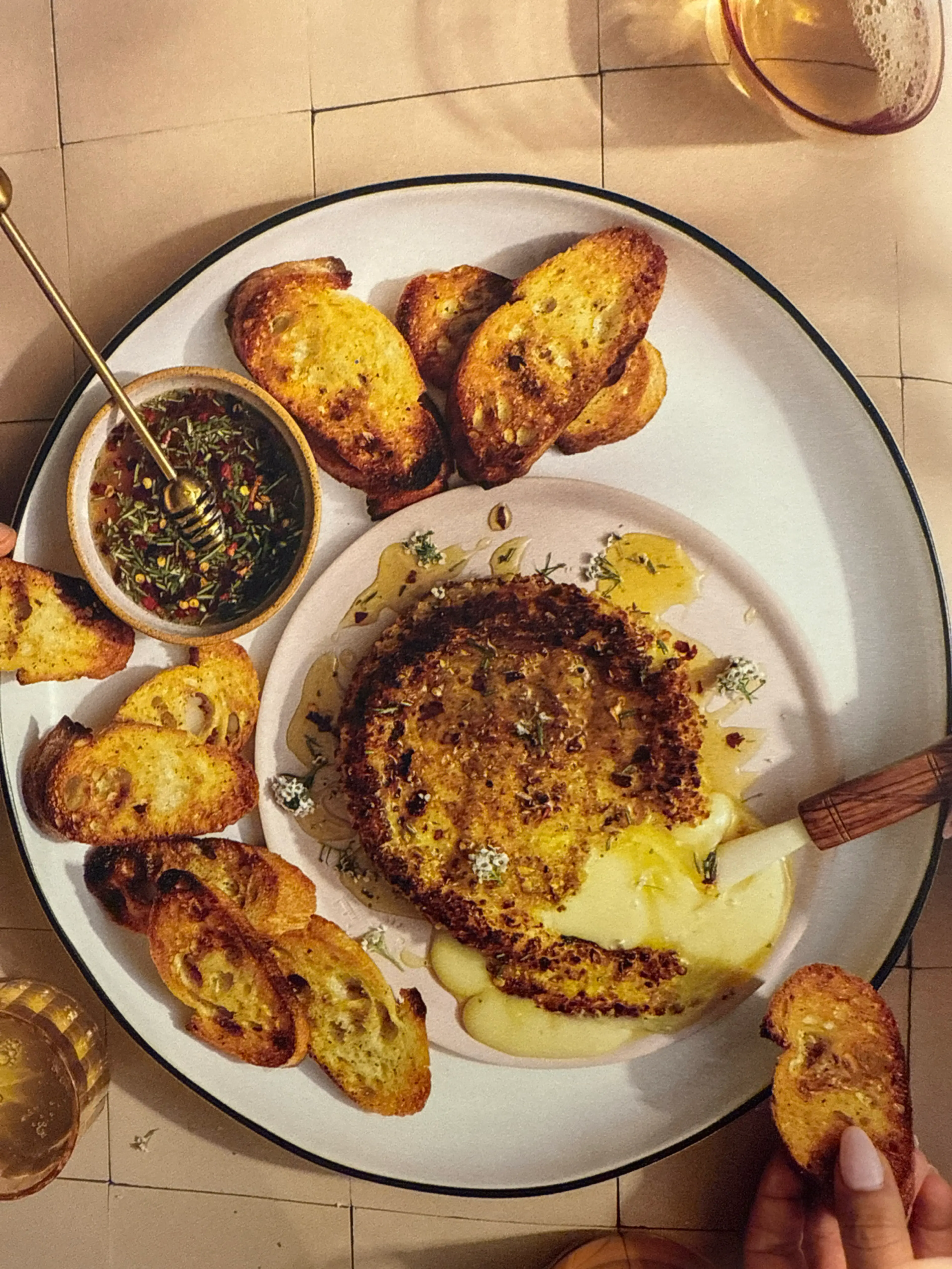 Panfried Brie with Pistachios and Rosemary Hot Honey