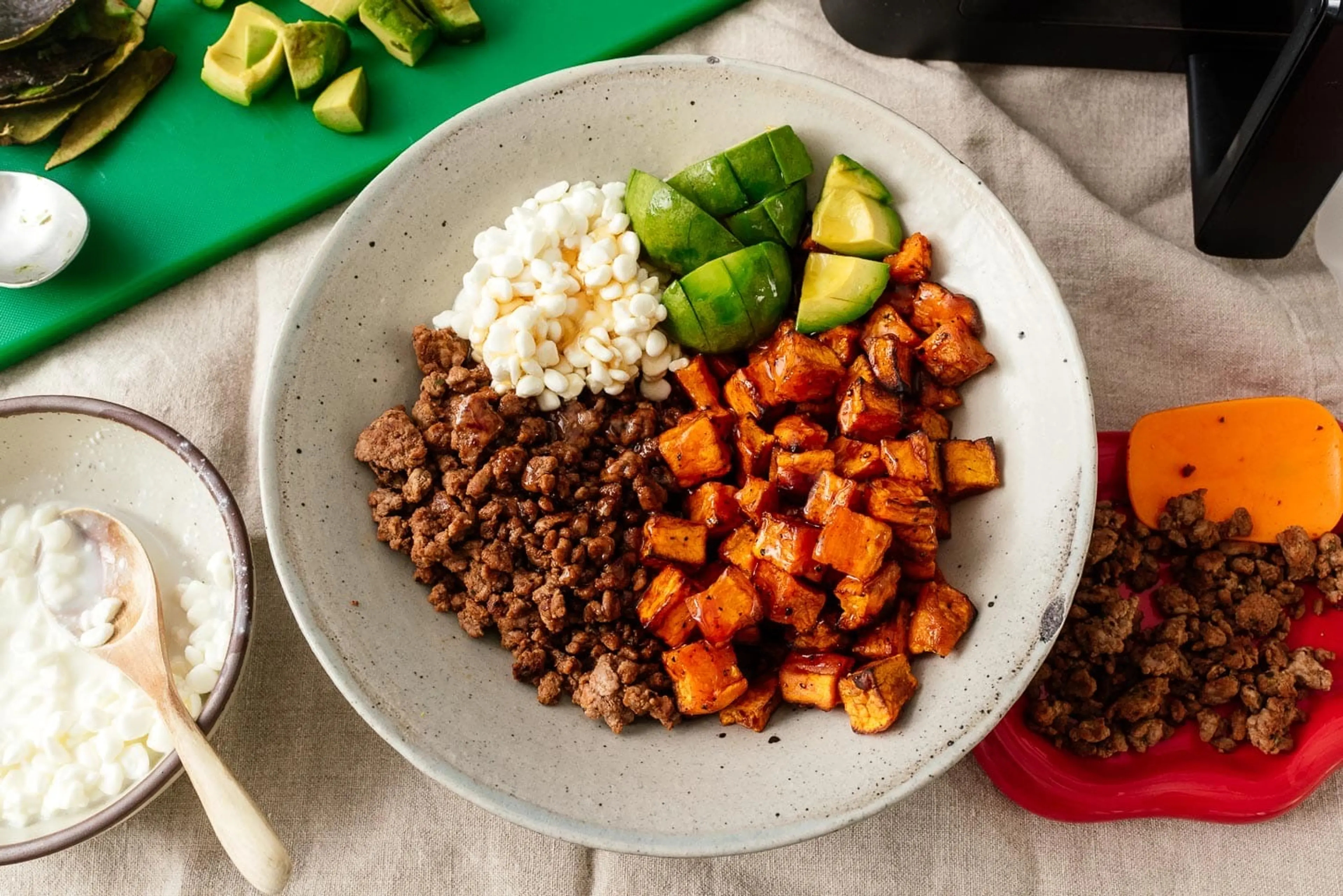 Sweet Potato Beef Bowl with Hot Honey and Cottage Cheese